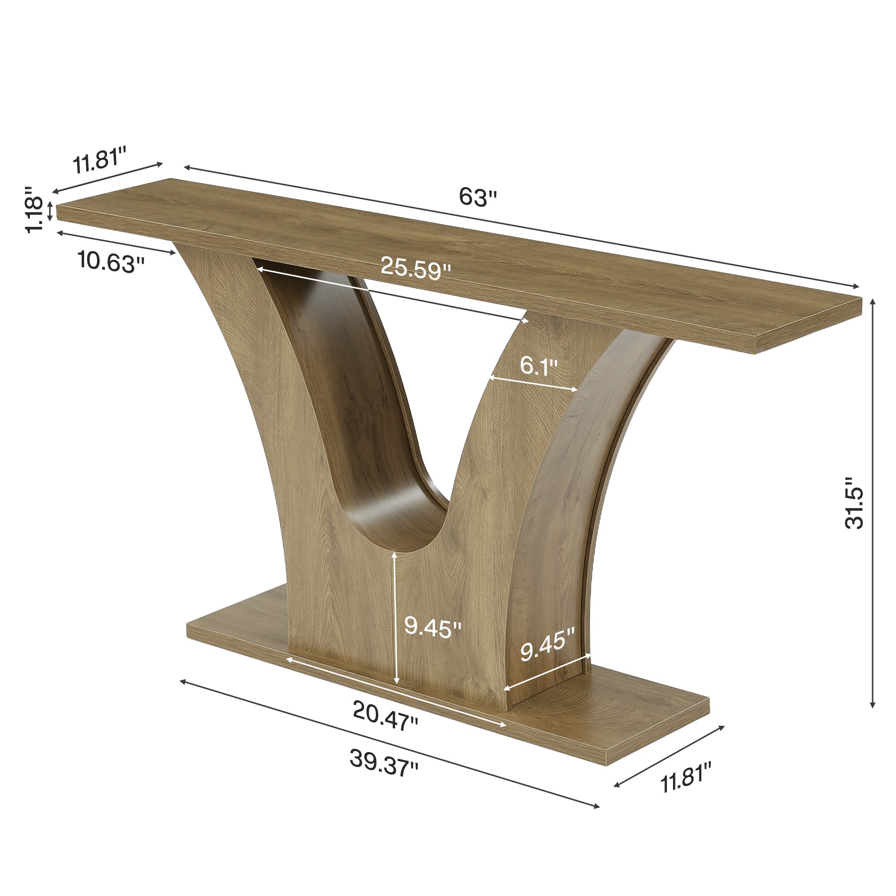 63" Farmhouse Console Table with 2-Tier Storage, Narrow Sofa Table with Curved U-Shape Base