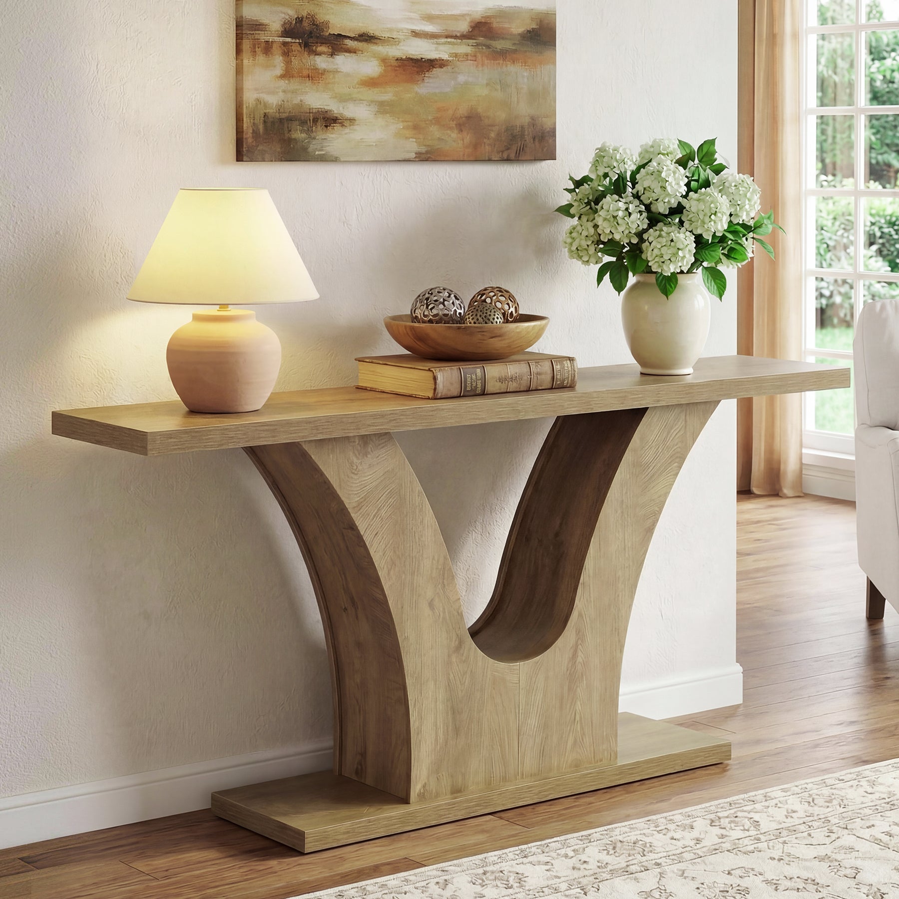 63" Farmhouse Console Table with 2-Tier Storage, Narrow Sofa Table with Curved U-Shape Base