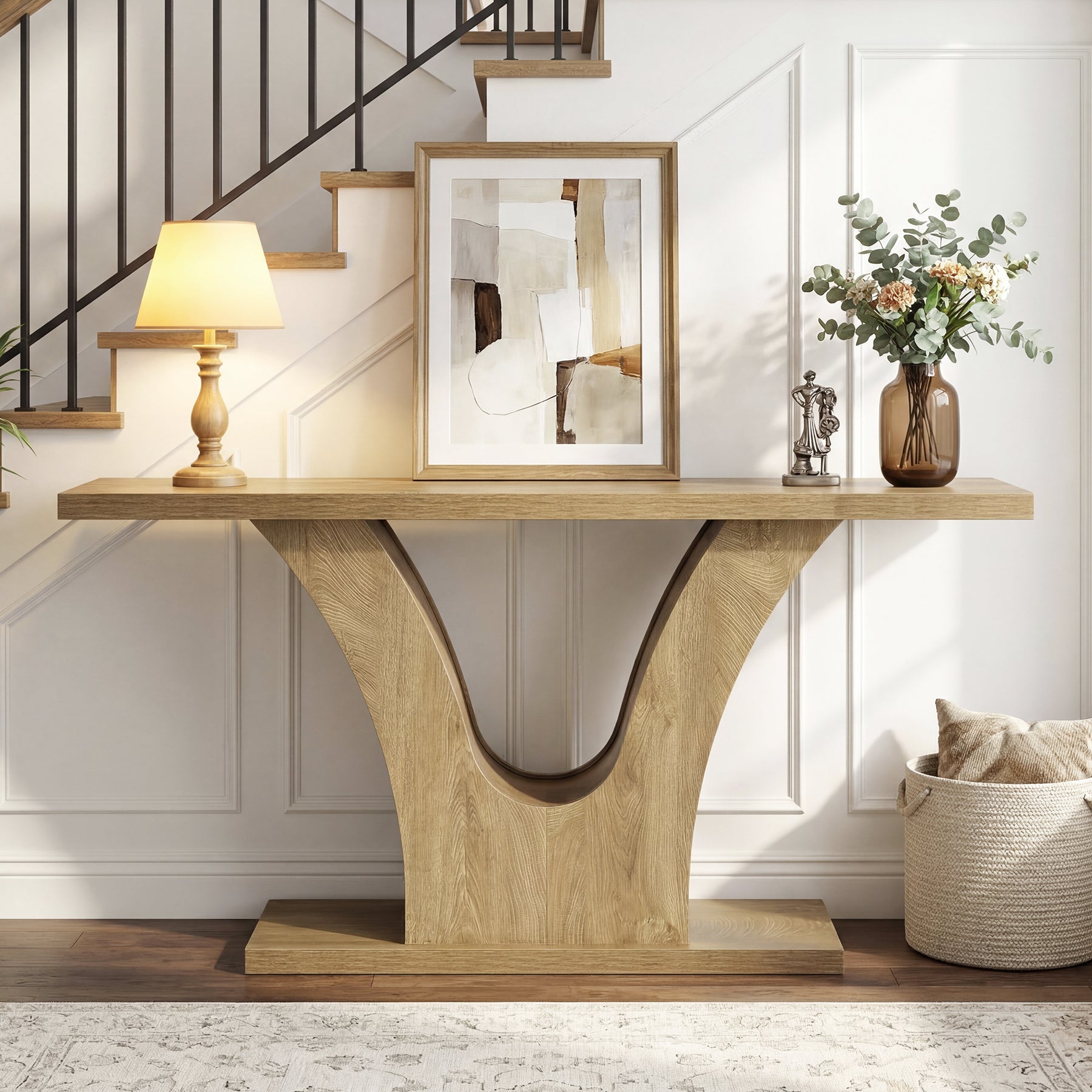 63" Farmhouse Console Table with 2-Tier Storage, Narrow Sofa Table with Curved U-Shape Base