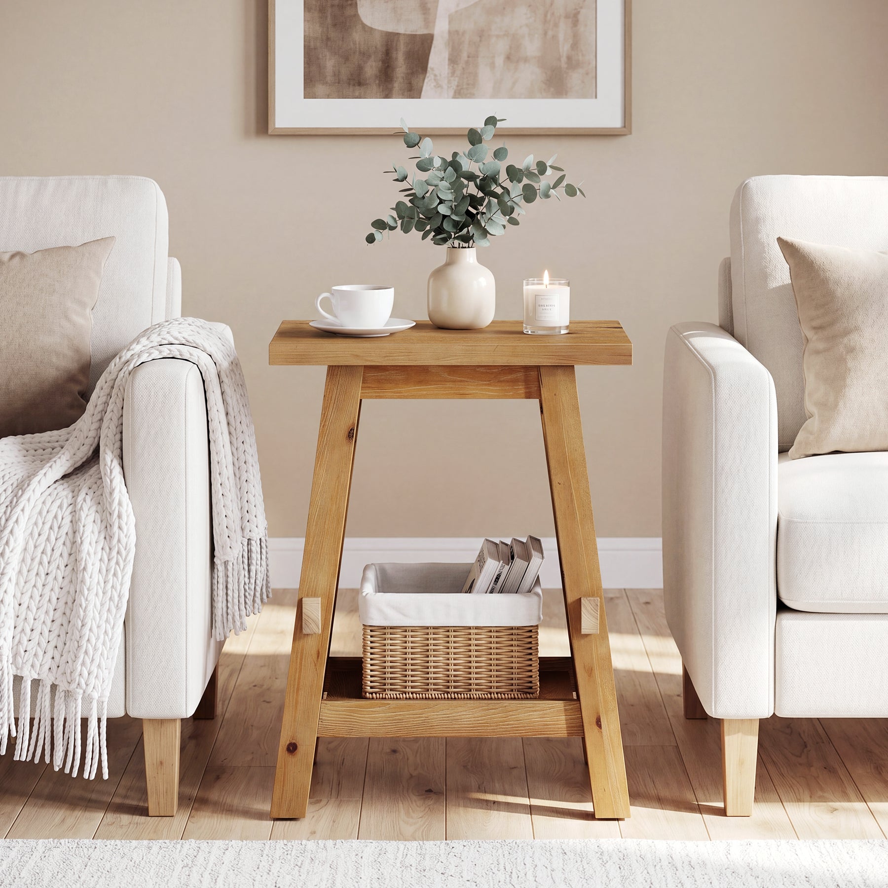 Solid Wood End Table with Storage Shelf, Farmhouse Square Side Table for Small Spaces