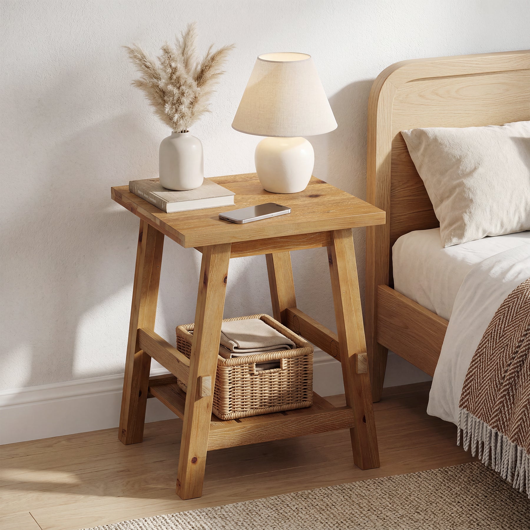Solid Wood End Table with Storage Shelf, Farmhouse Square Side Table for Small Spaces