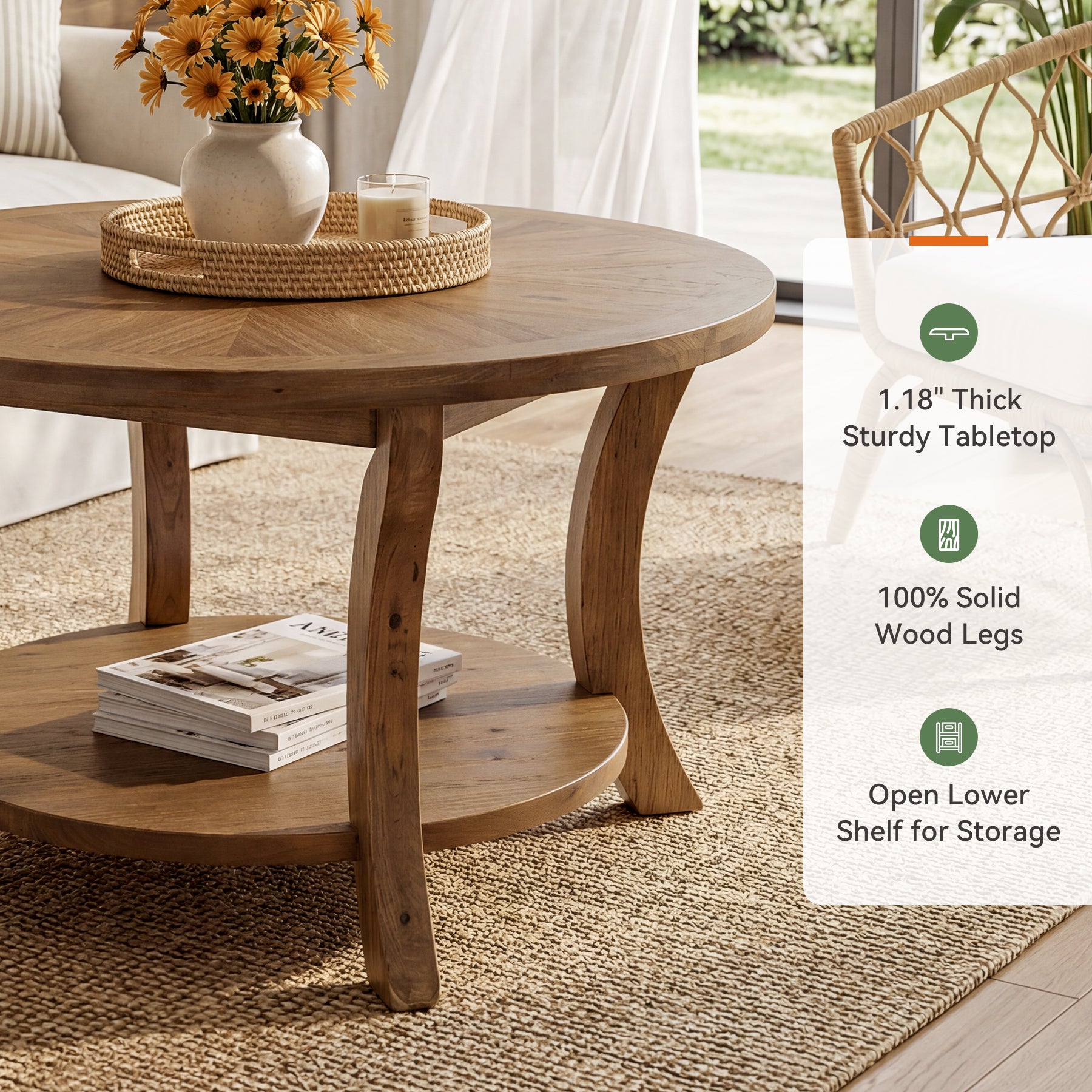 Round Farmhouse Coffee Table with Sunburst Top