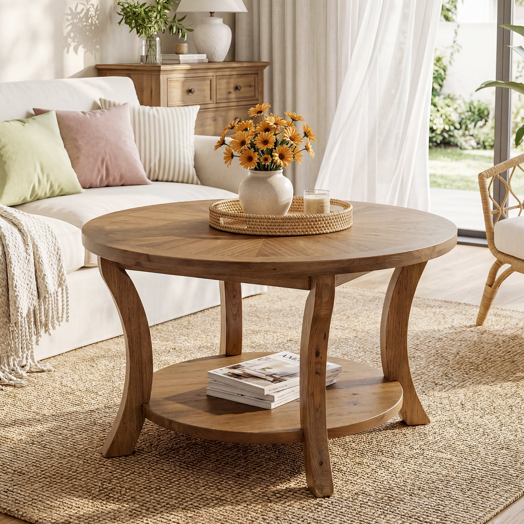 Round Farmhouse Coffee Table with Sunburst Top