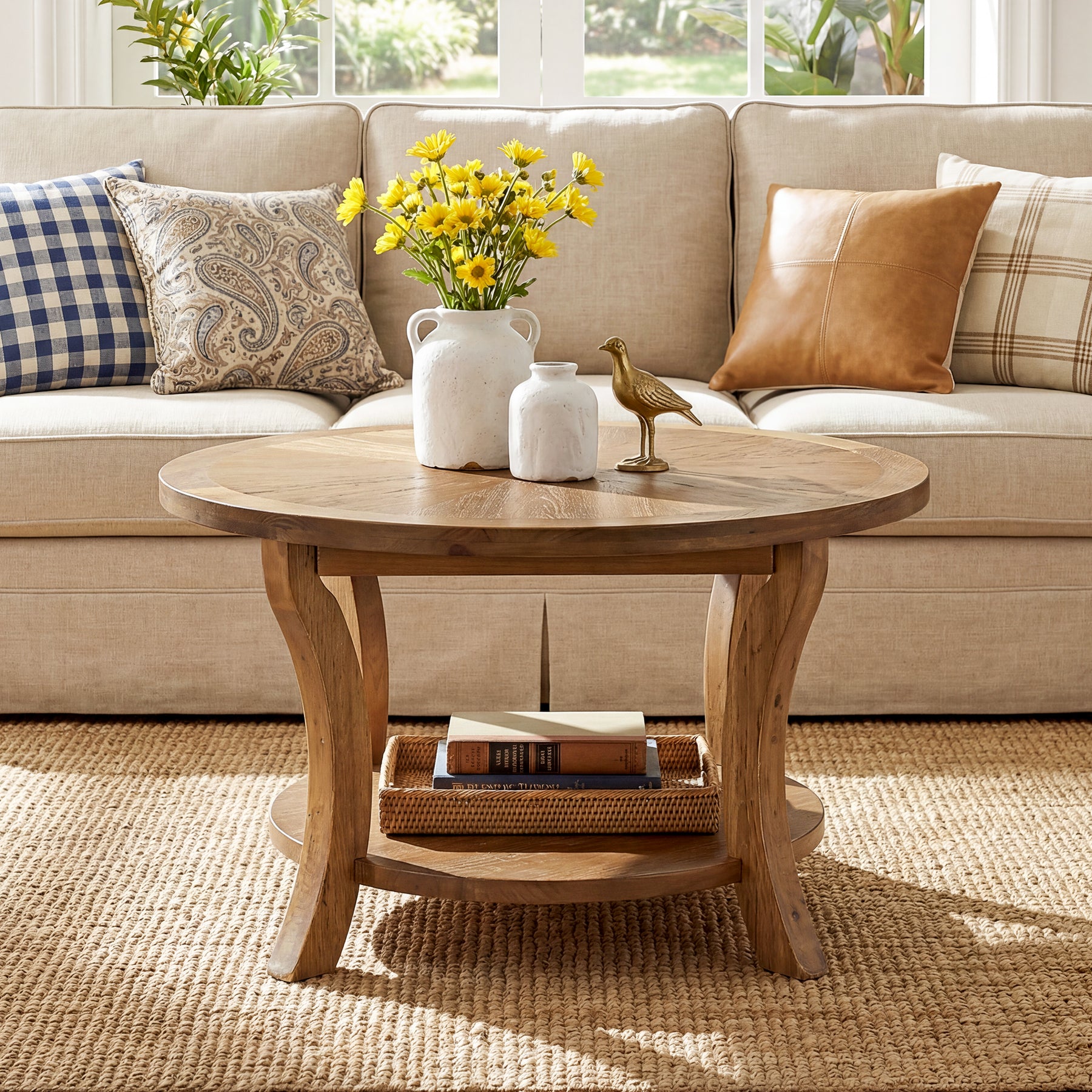 Round Farmhouse Coffee Table with Sunburst Top
