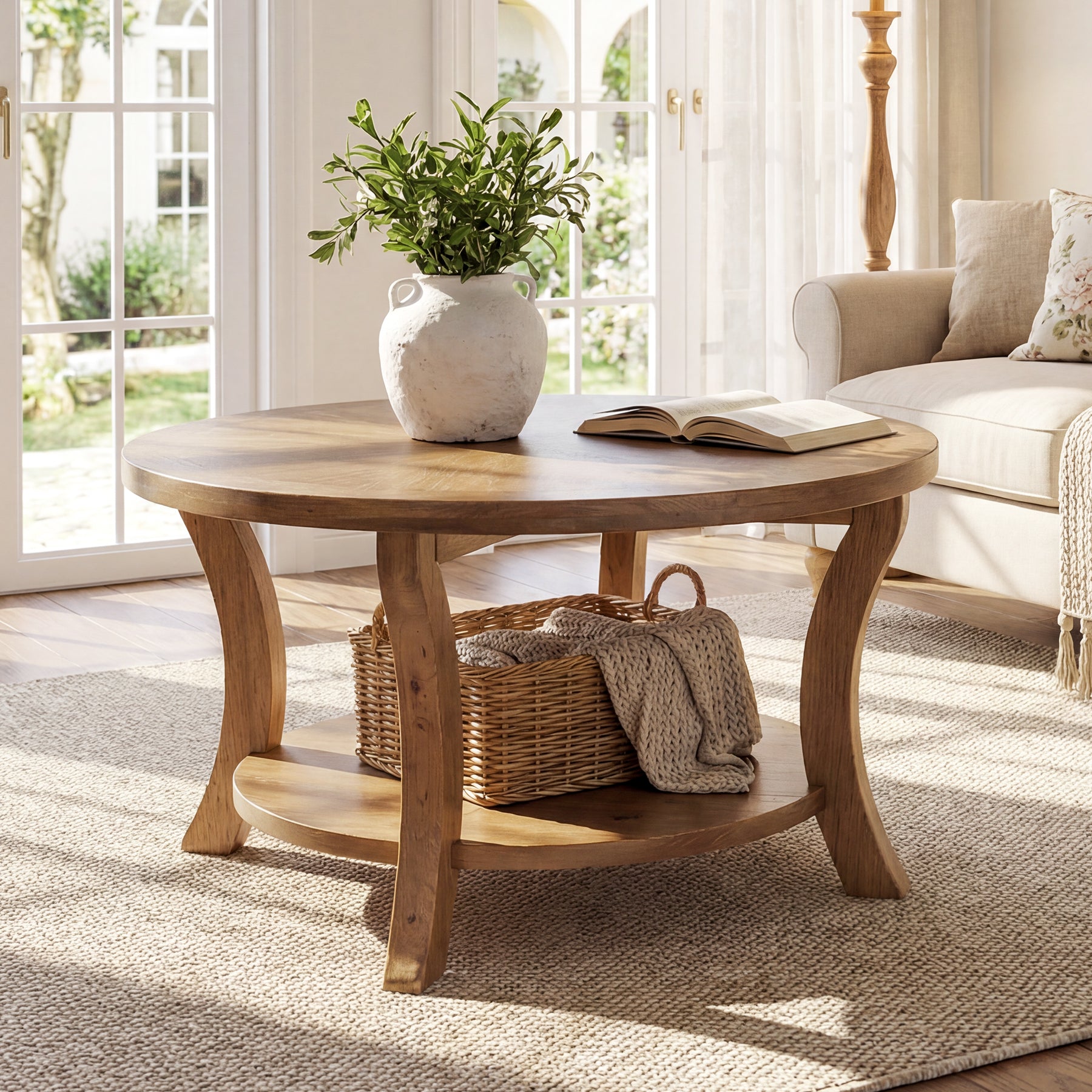 Round Farmhouse Coffee Table with Sunburst Top