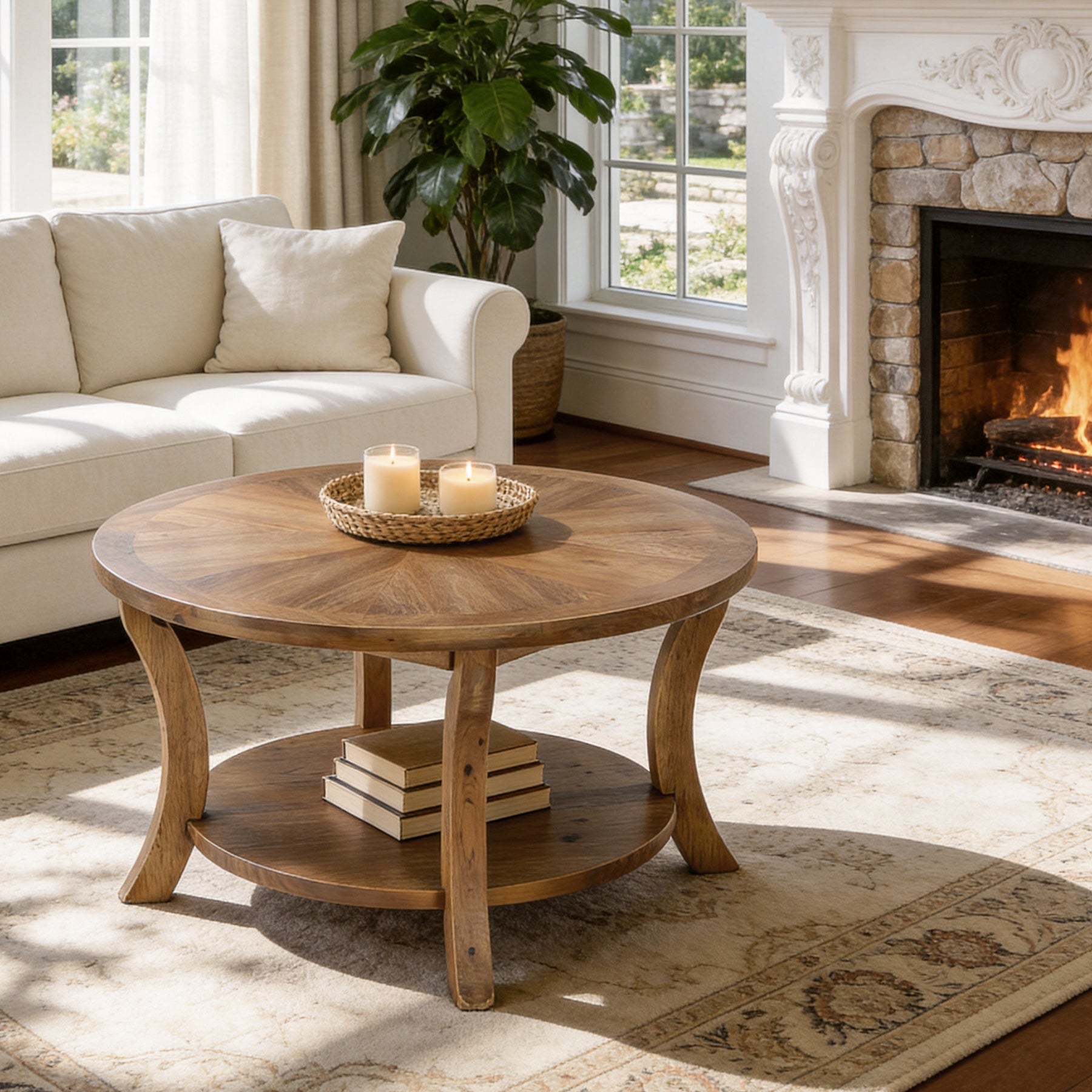 Round Farmhouse Coffee Table with Sunburst Top
