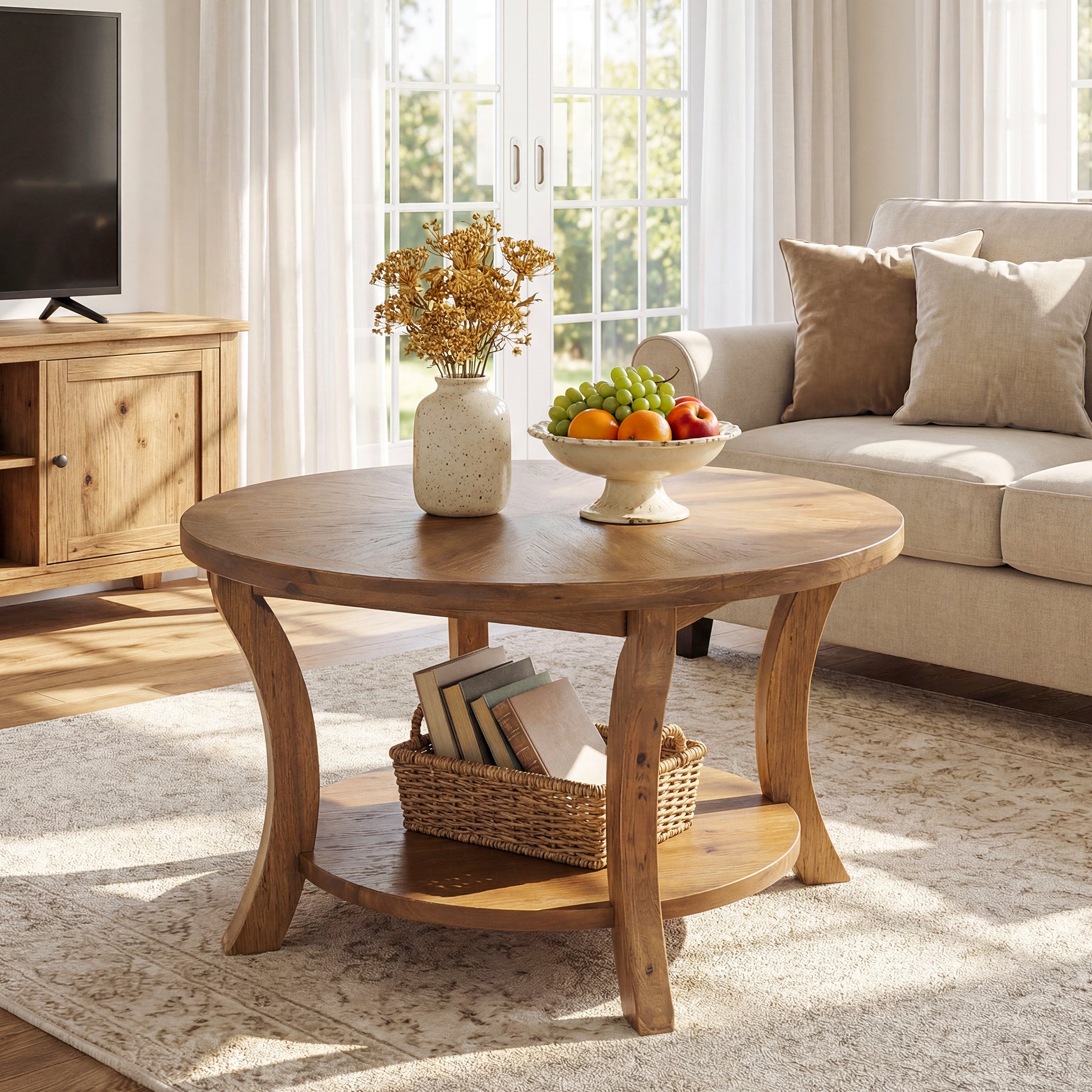 Round Farmhouse Coffee Table with Sunburst Top