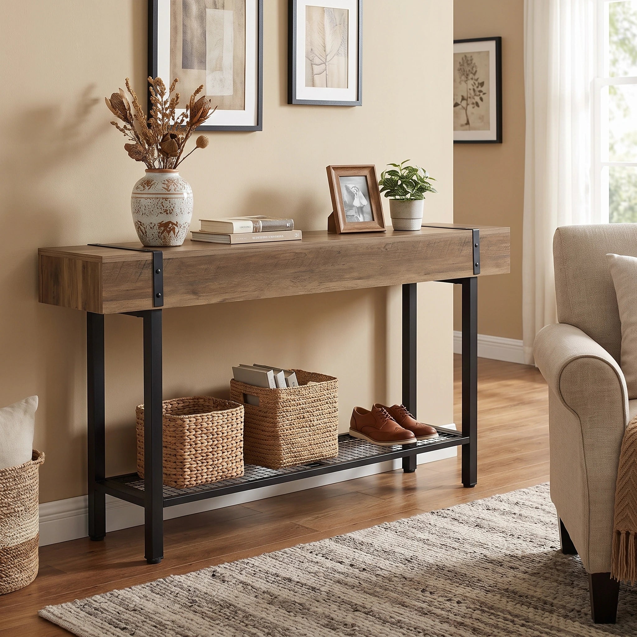 63" Console Table with Storage & Metal Base, Entryway Sofa Table, Hallway Living Room