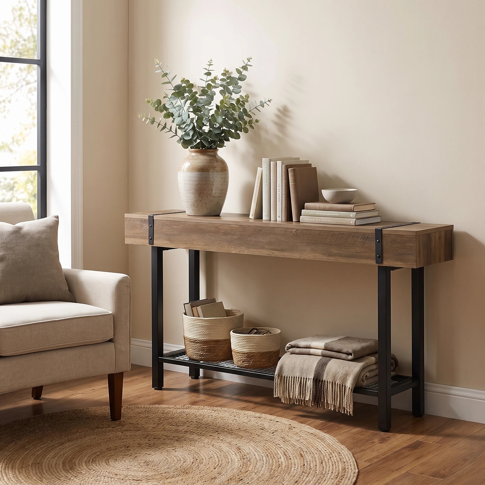 63" Console Table with Storage & Metal Base, Entryway Sofa Table, Hallway Living Room