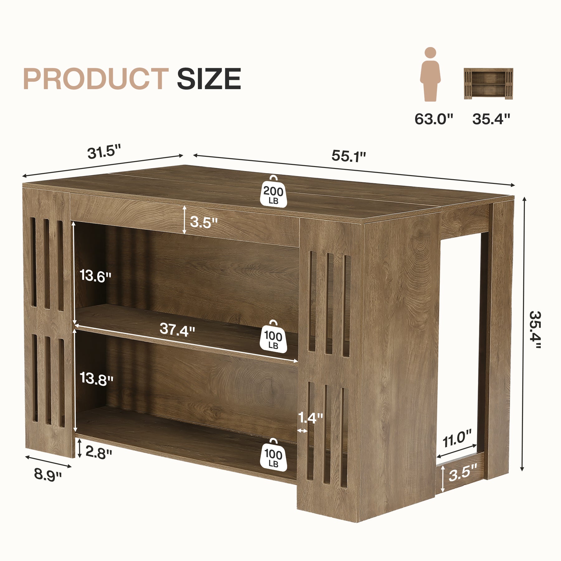 55" Kitchen Island, 3-Tier Farmhouse Stationary Center Island Table with Spacious Worktop