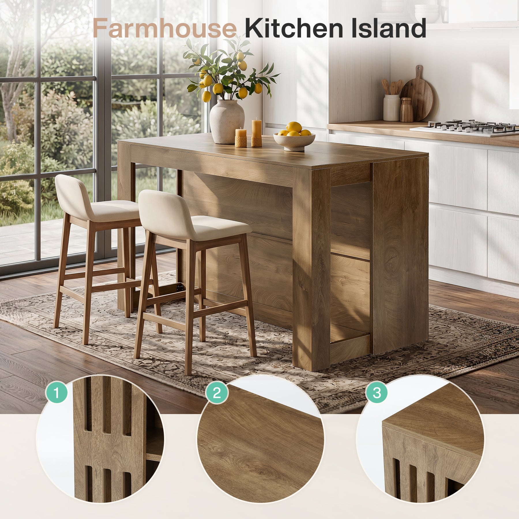 55" Kitchen Island, 3-Tier Farmhouse Stationary Center Island Table with Spacious Worktop