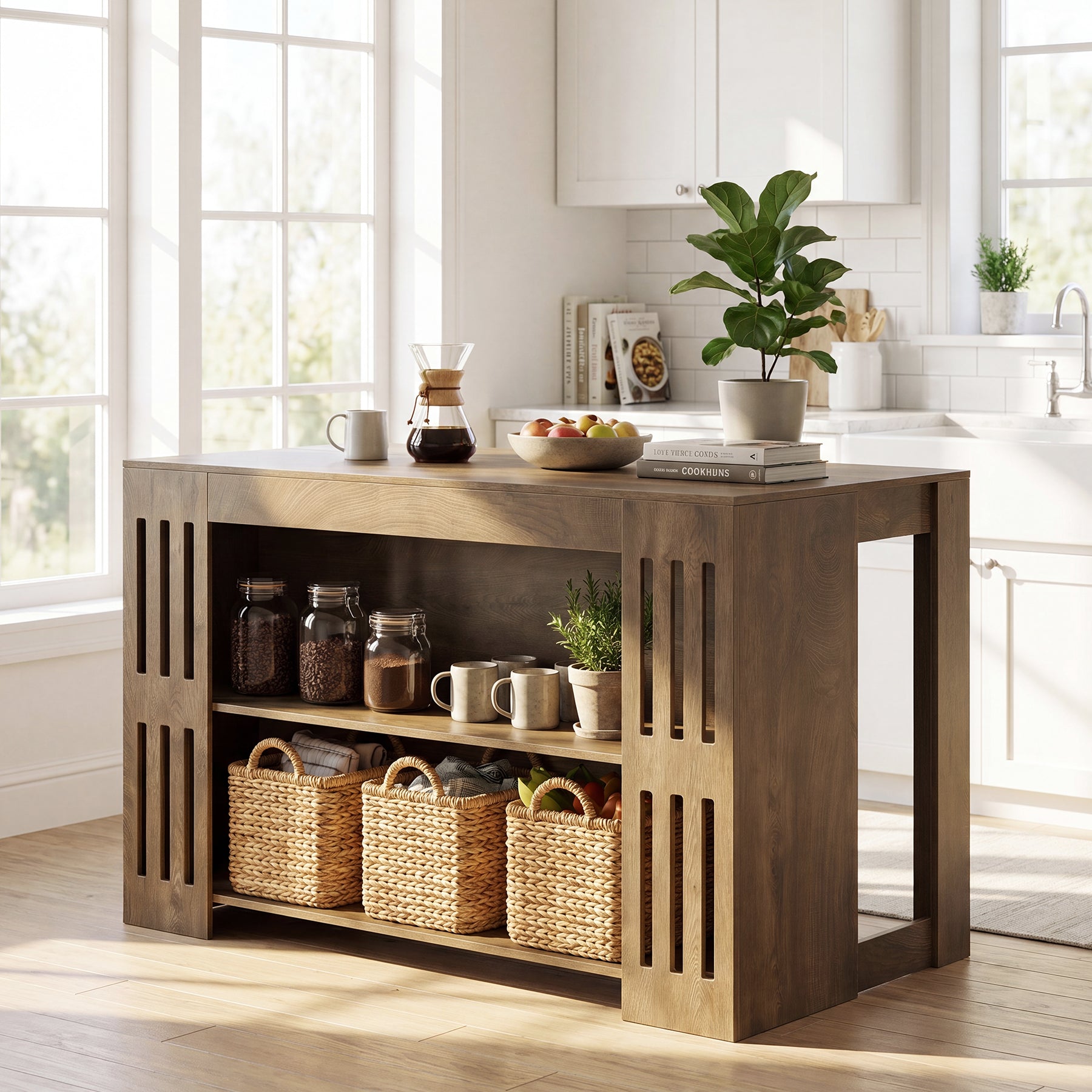 55" Kitchen Island, 3-Tier Farmhouse Stationary Center Island Table with Spacious Worktop