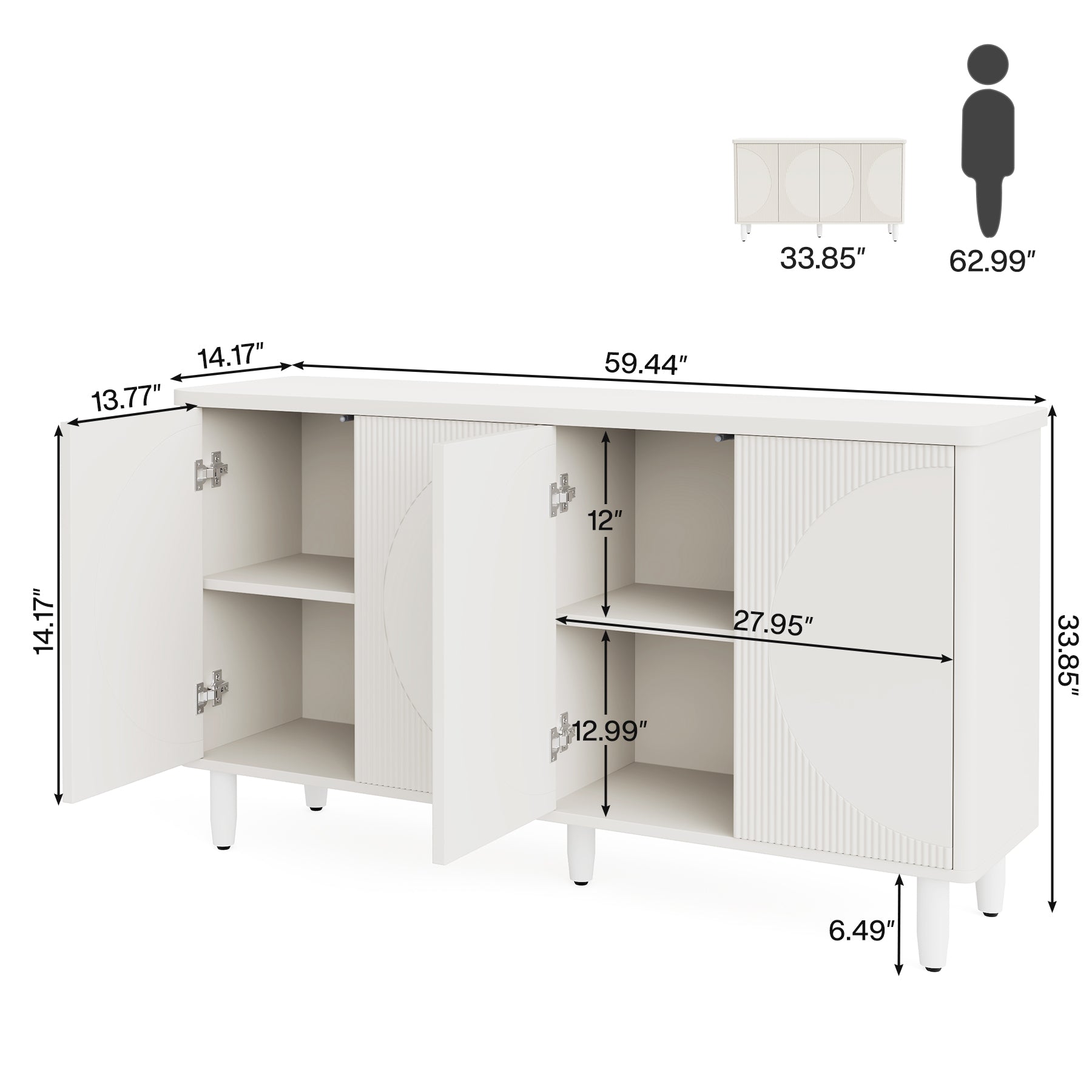 59.4" Sideboard Buffet, White Credenza Storage Cabinet with Doors