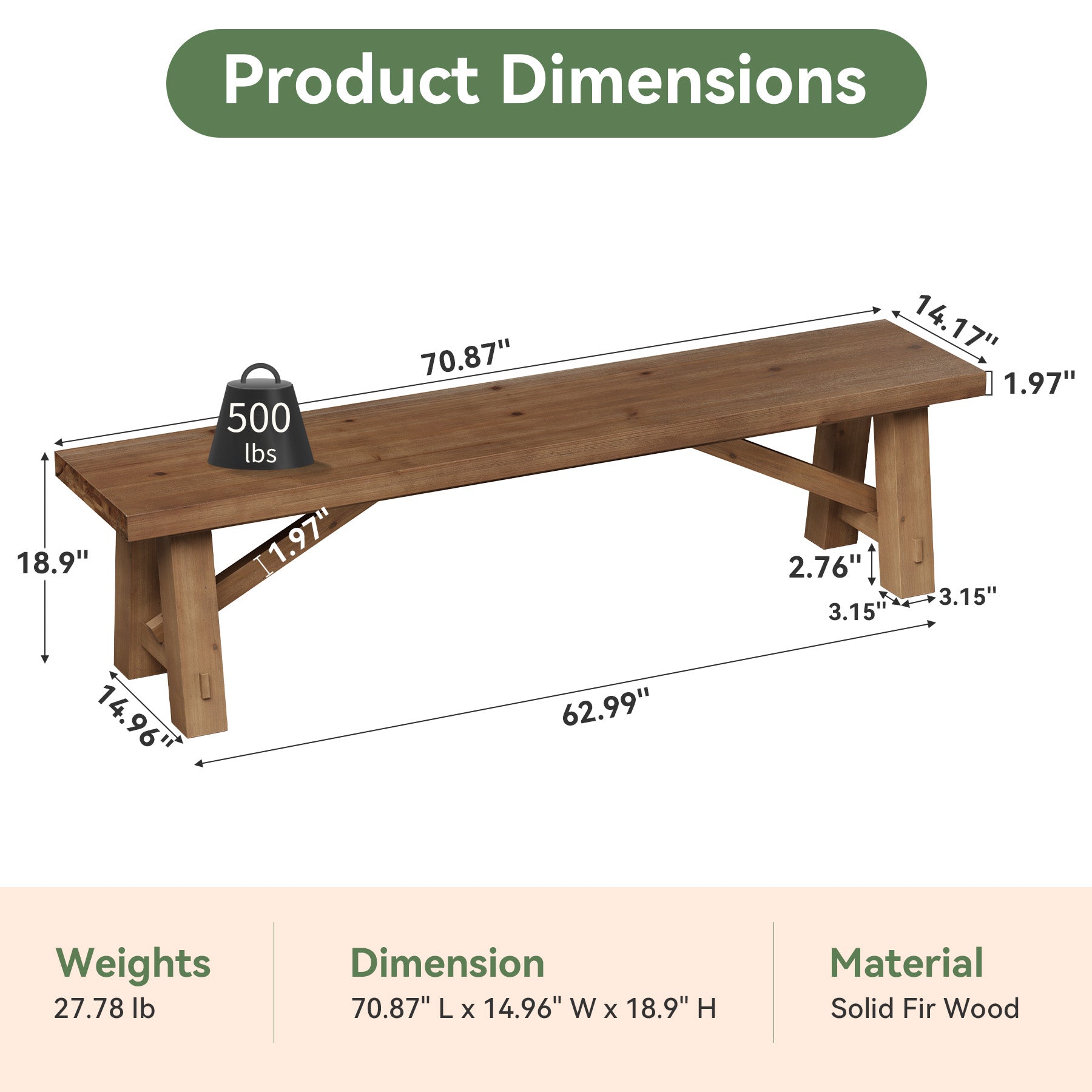 71" Solid Wood Entryway Bench, Narrow Shoe Bench End of Bed Bench for Hallway