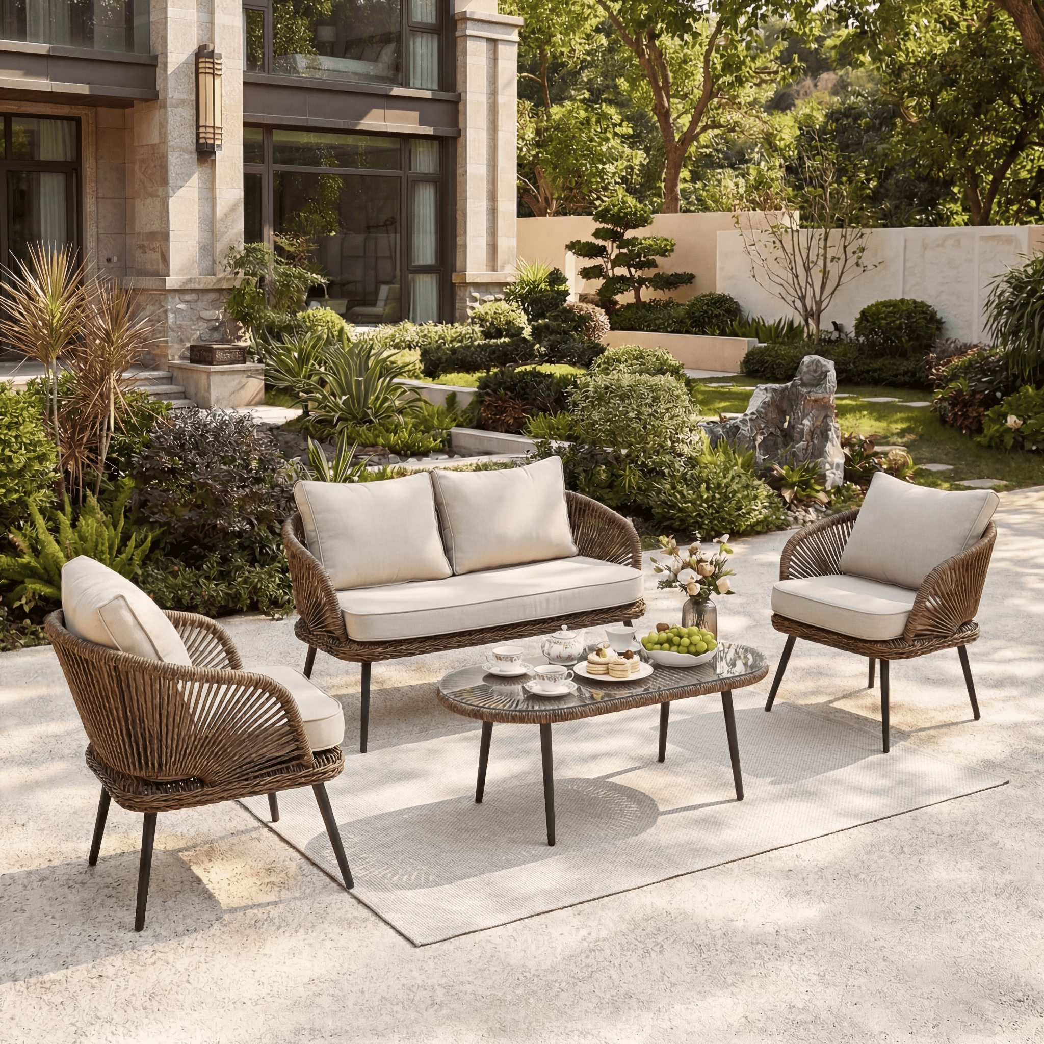 4-Piece Rattan Outdoor Patio Furniture Set with Removable Cushions and Coffee Table