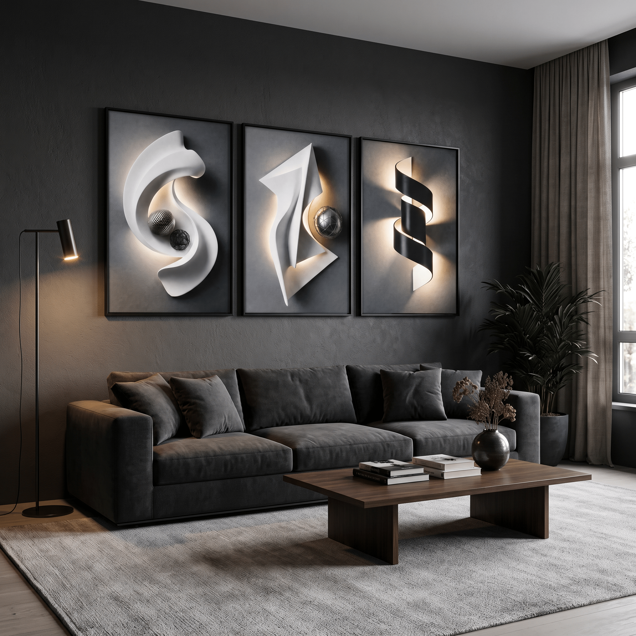 Architectural Crystal Coating Wall Art Set of 3, Large Geometric Canvas Wall Decor for Living Room