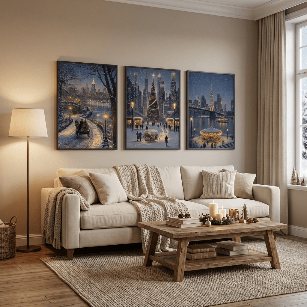 36x24 3-Piece New York Christmas Wall Art Triptych, Snowy Cityscape, Crystal Porcelain Framed