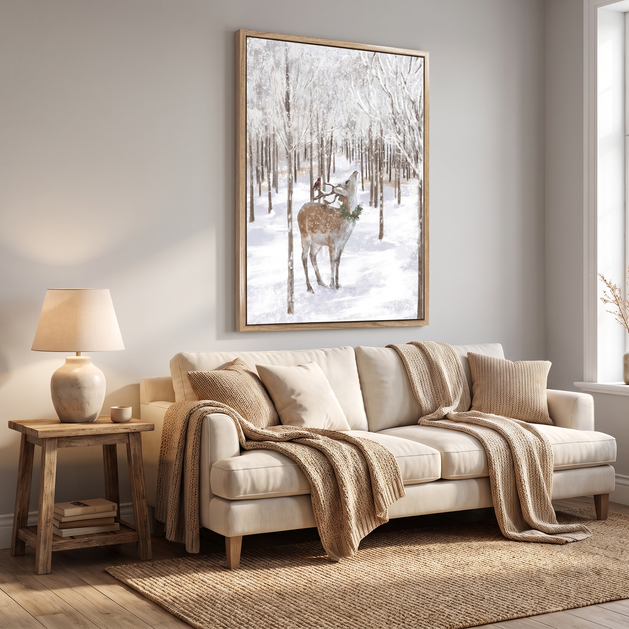 28x20 Christmas Deer Wall Art, Hand-Painted Farmhouse Winter Forest Canvas