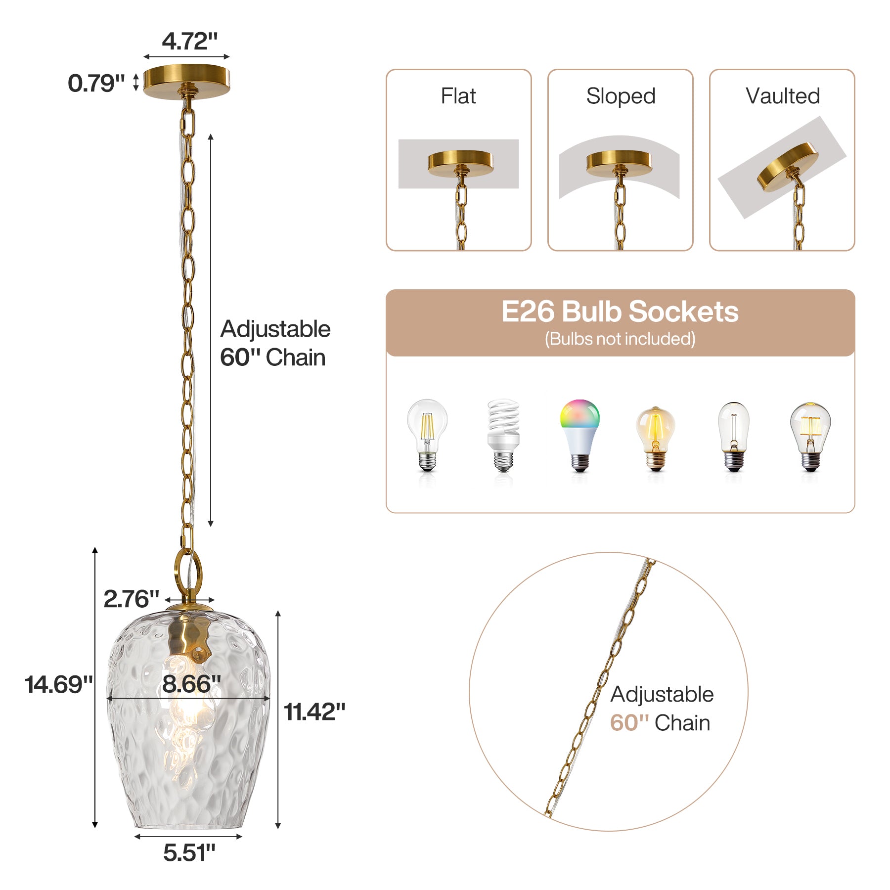 Hammered Glass Pendant Light, Rippled Hanging Light with Adjustable 60-Inch Chain
