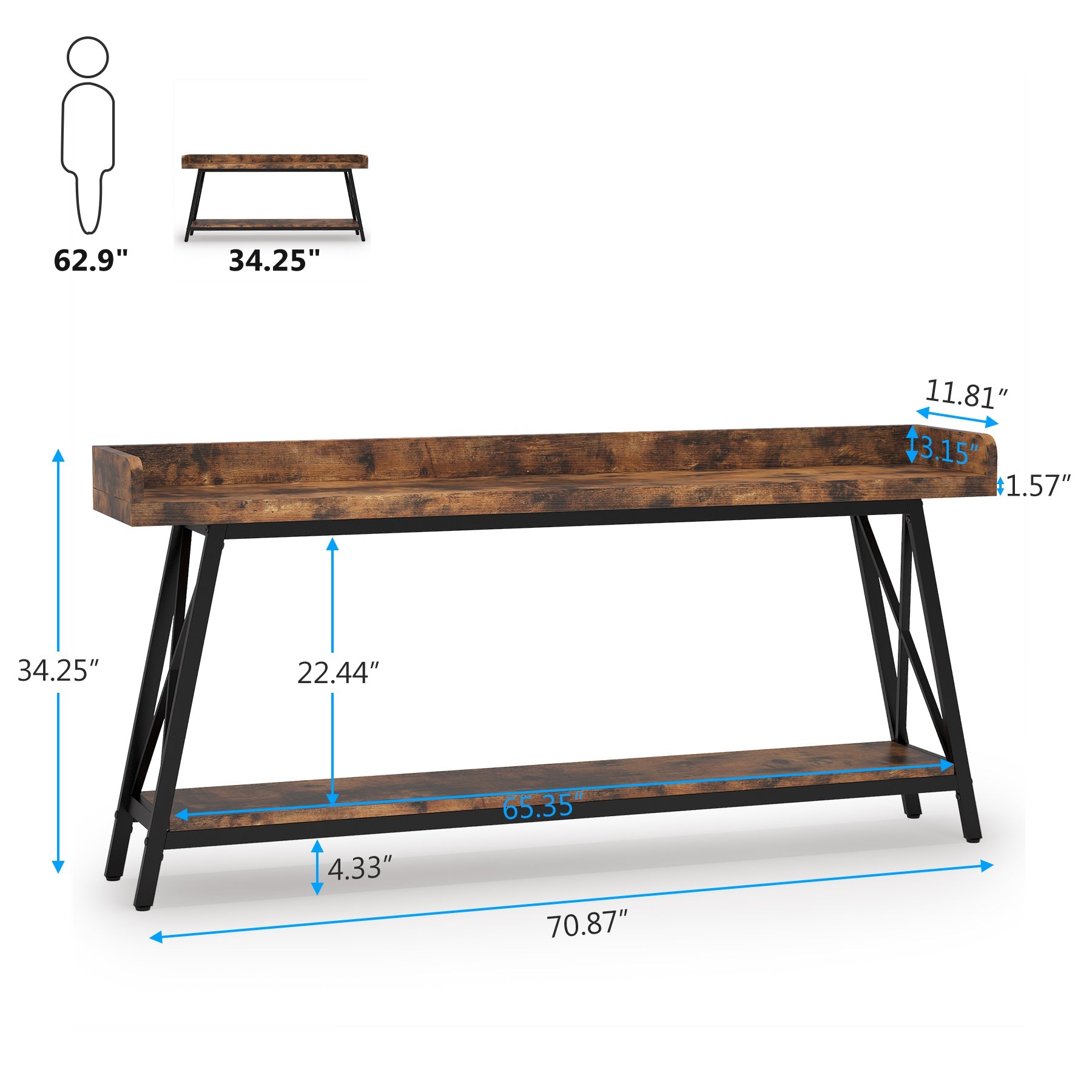 Industrial Console Table, 2-Tier Narrow Sofa Table Behind Couch