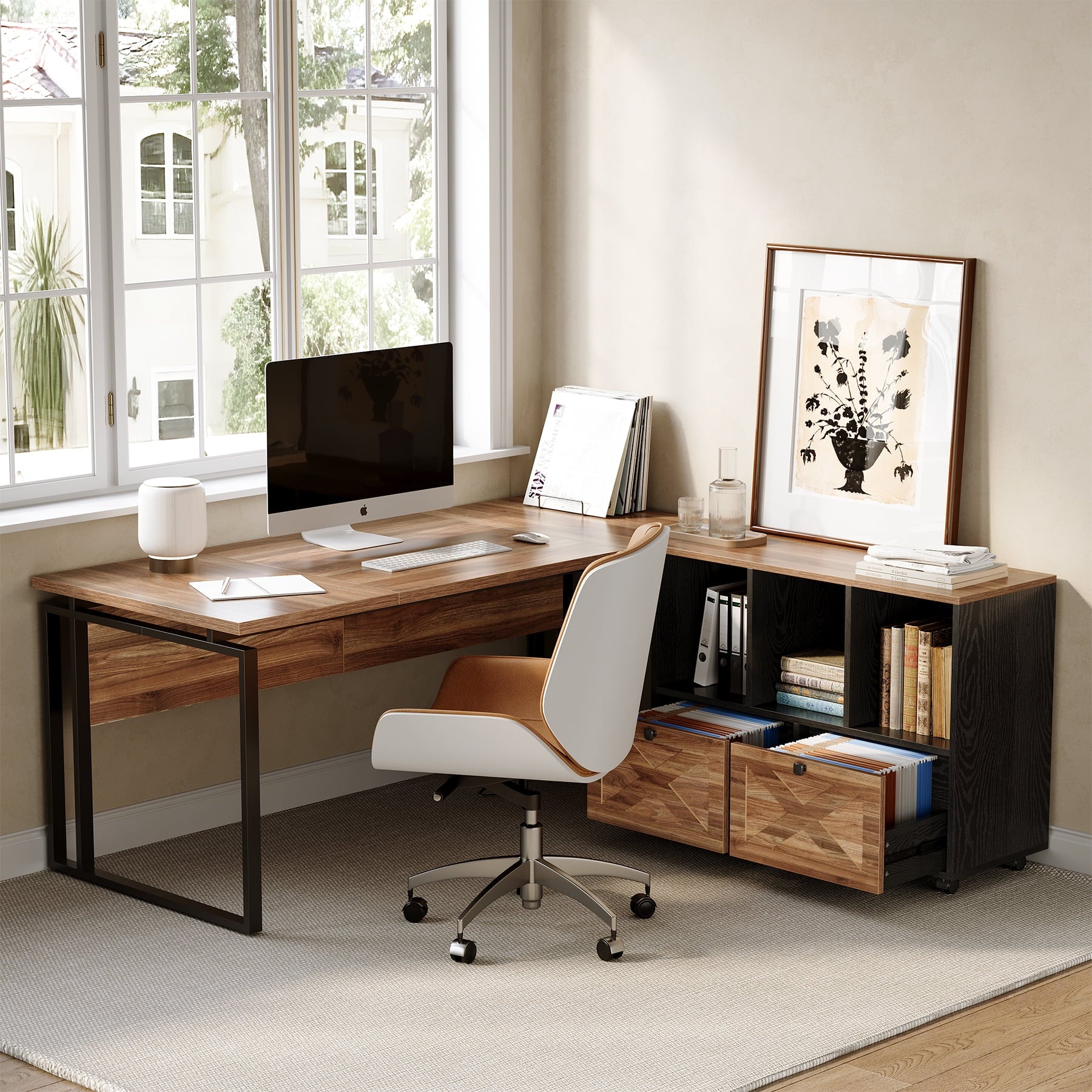 L-Shaped Office Desk, 63" Executive Computer Desk with File Cabinet