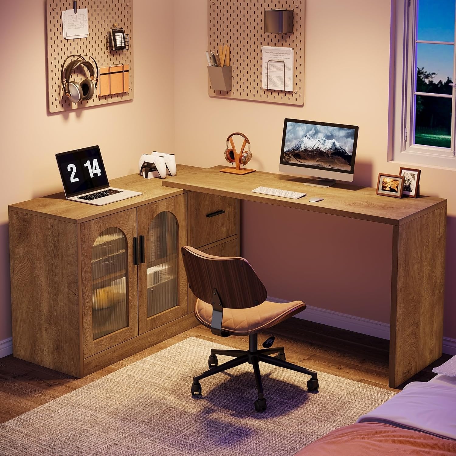 L-Shaped Computer Desk, 55" Executive Desk Office Workstation with Storage Cabinet