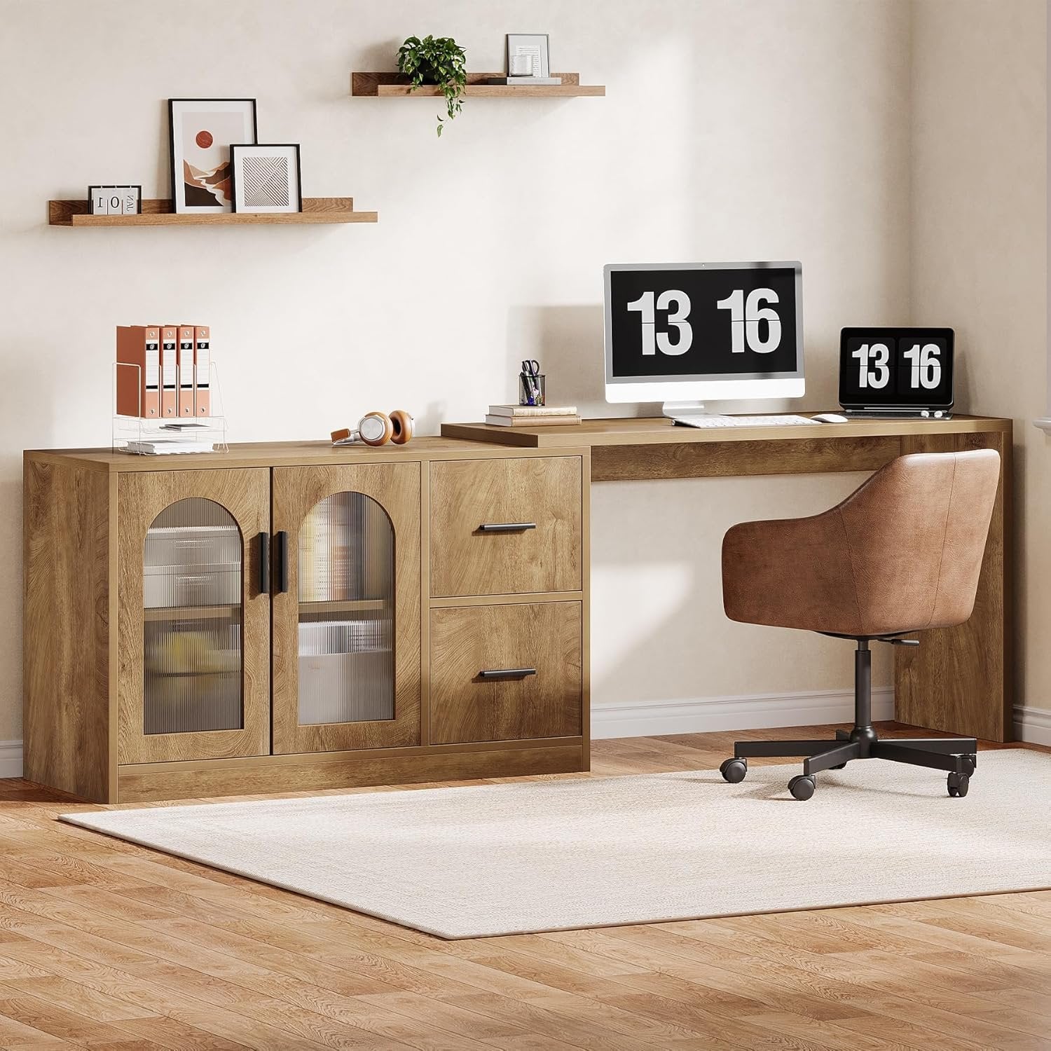 L-Shaped Computer Desk, 55" Executive Desk Office Workstation with Storage Cabinet