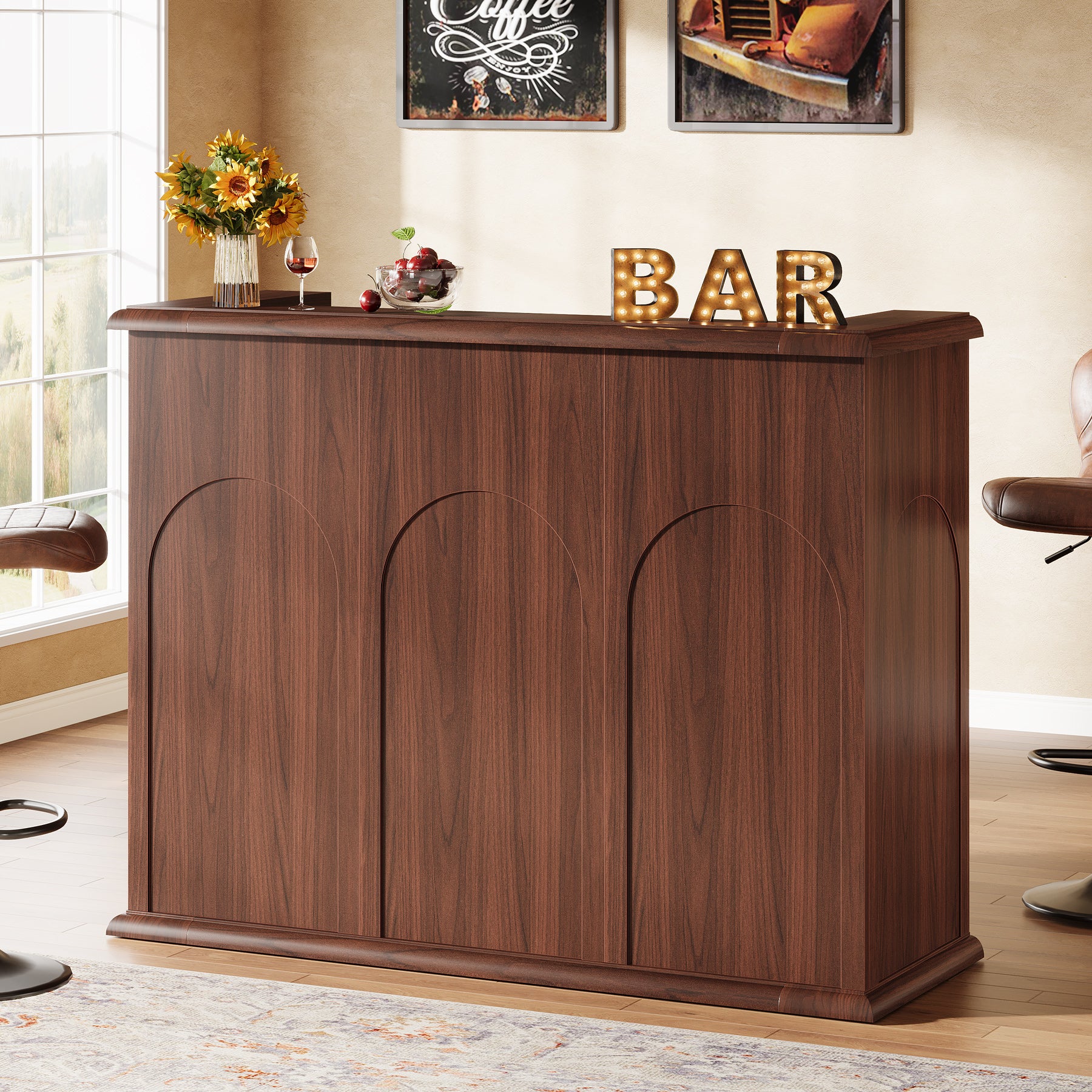 Mid-Century Bar Table, 55" Home Bar Unit Liquor Wine Table