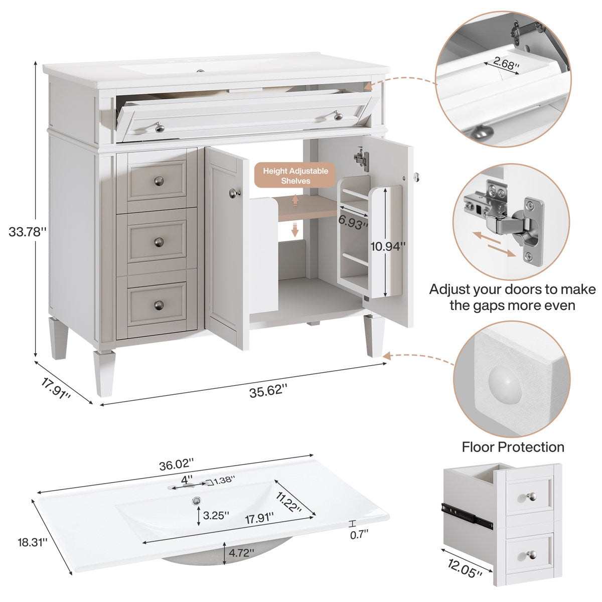 Modern Bathroom Vanity, 36" Bathroom Sink Vanity Cabinet with 3 Drawers