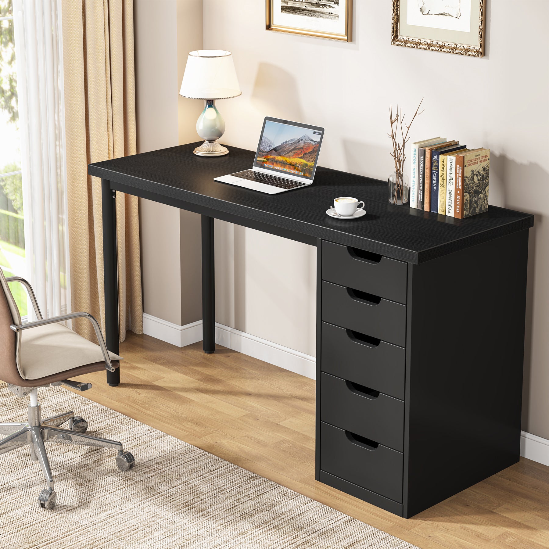 Modern Computer Desk, 47" Study Writing Table with 5 Reversible Drawers for Home Office