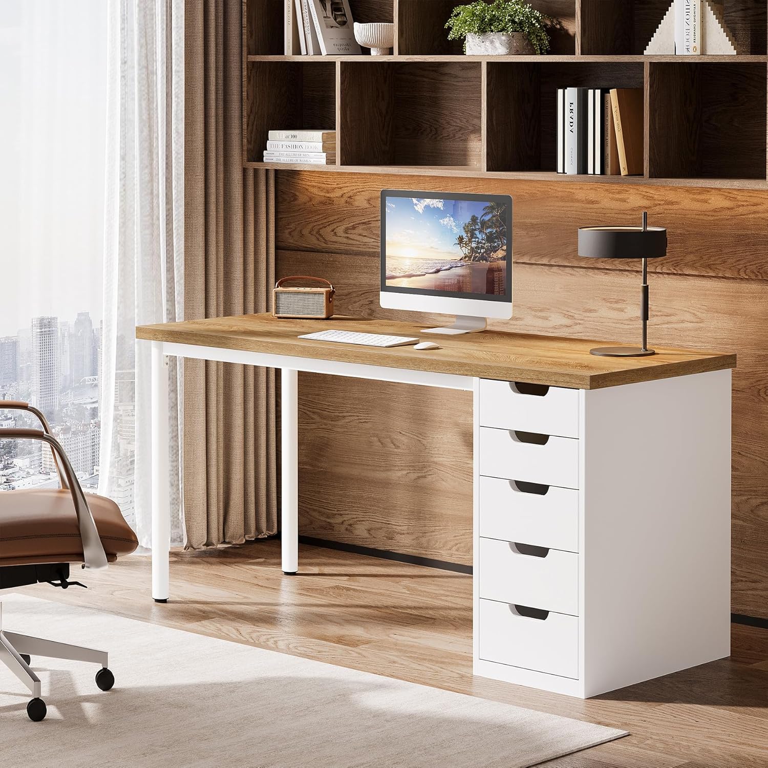 Modern Computer Desk, 47" Study Writing Table with 5 Reversible Drawers for Home Office