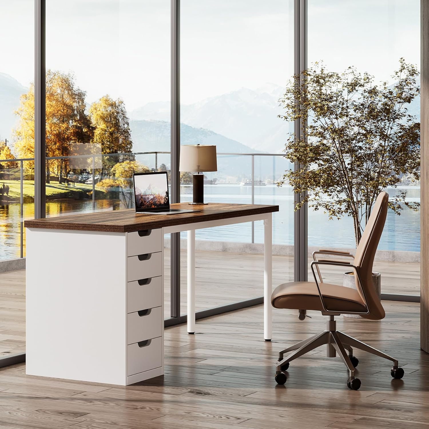 Modern Computer Desk, 47" Study Writing Table with 5 Reversible Drawers for Home Office