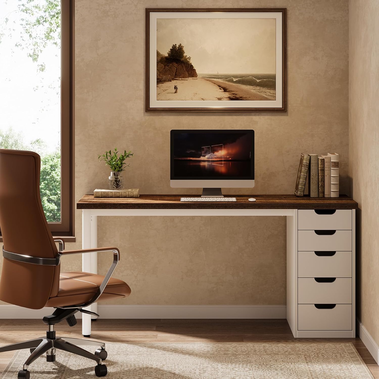 Modern Computer Desk, 47" Study Writing Table with 5 Reversible Drawers for Home Office