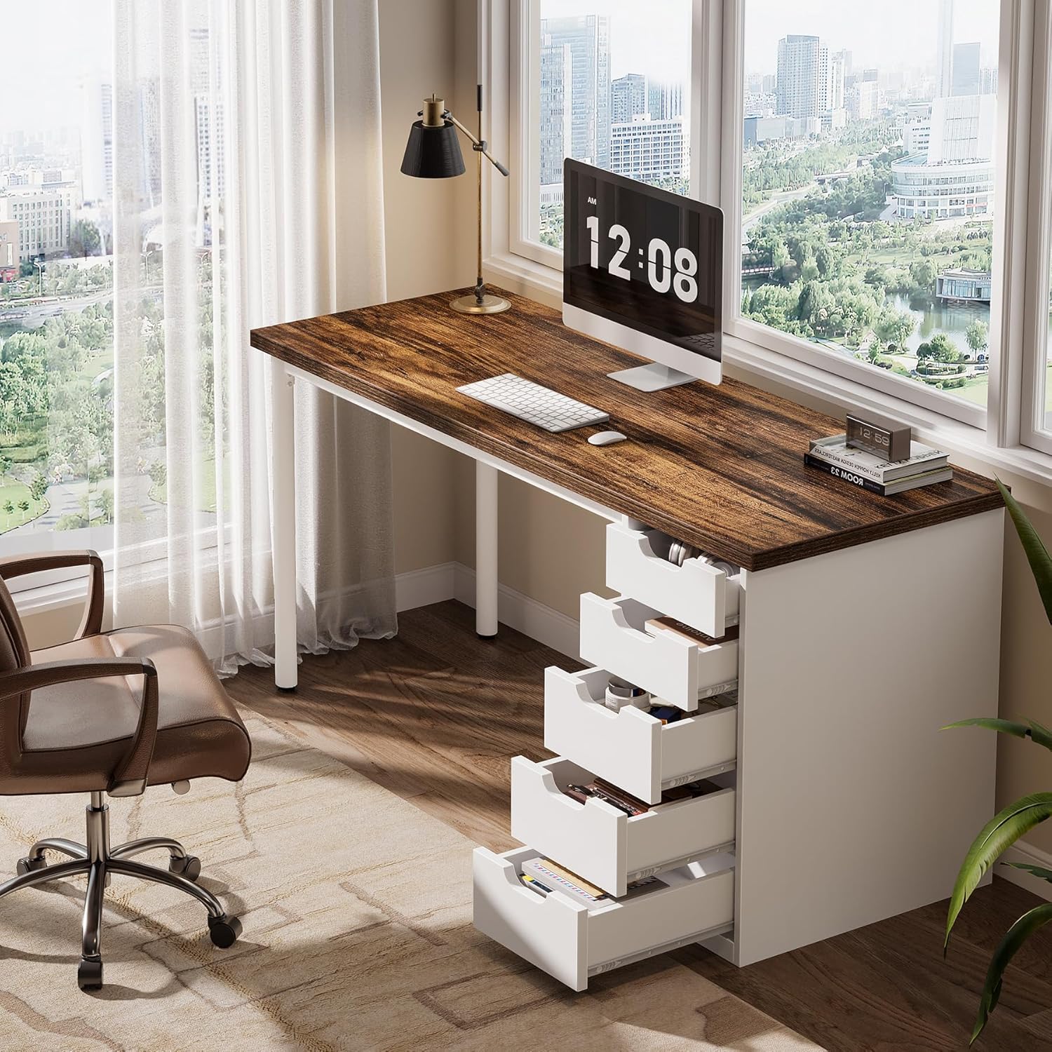 Modern Computer Desk, 47" Study Writing Table with 5 Reversible Drawers for Home Office