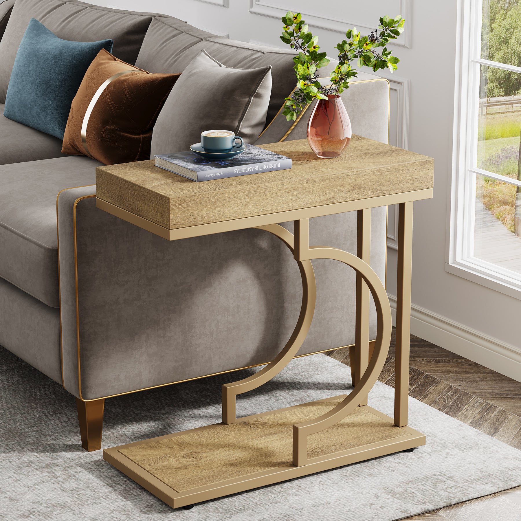 Narrow C Table, Modern End Table Bedside Table with Metal Frame