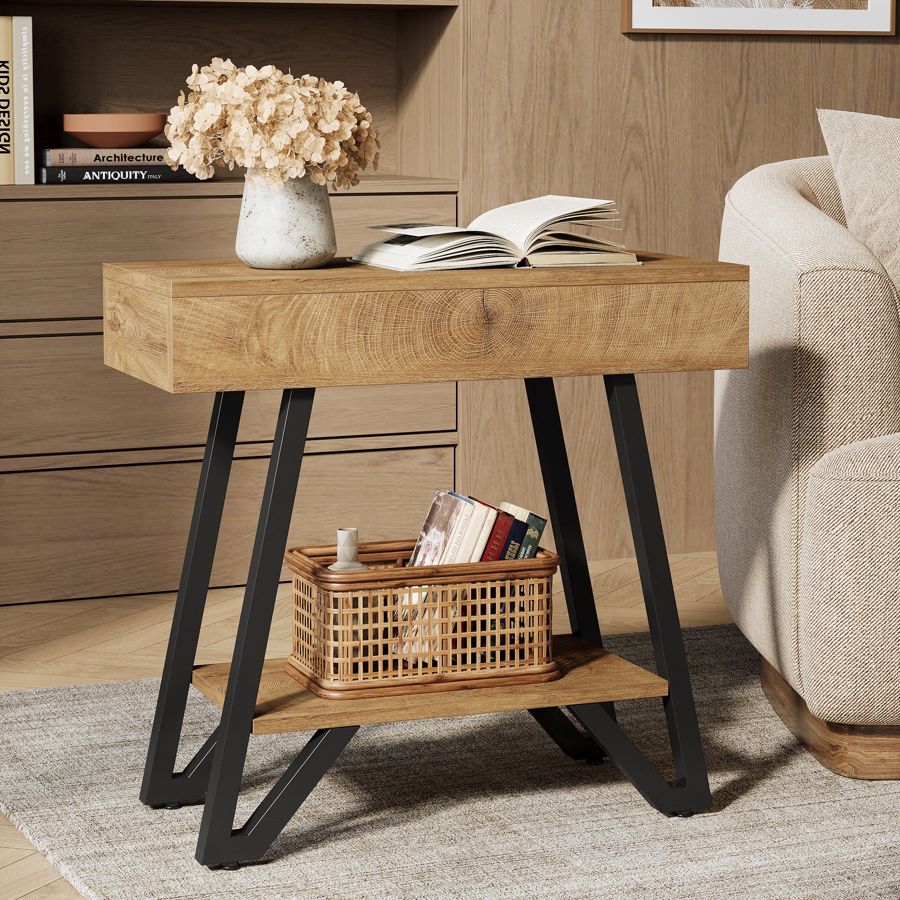 Narrow End Table,Couch Arm Side Table Nightstand with Storage Shelves