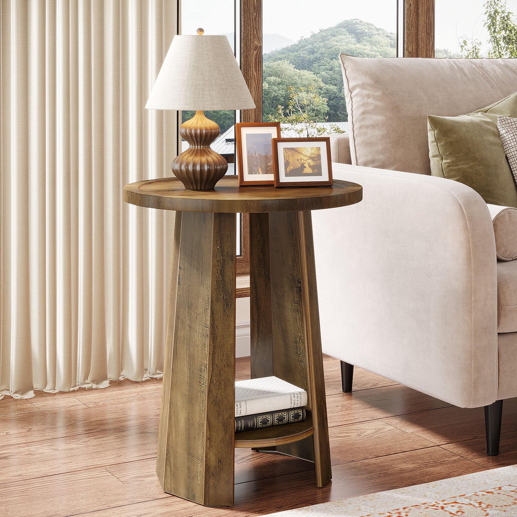 Round End Table, Rustic Sofa Side Table with Storage