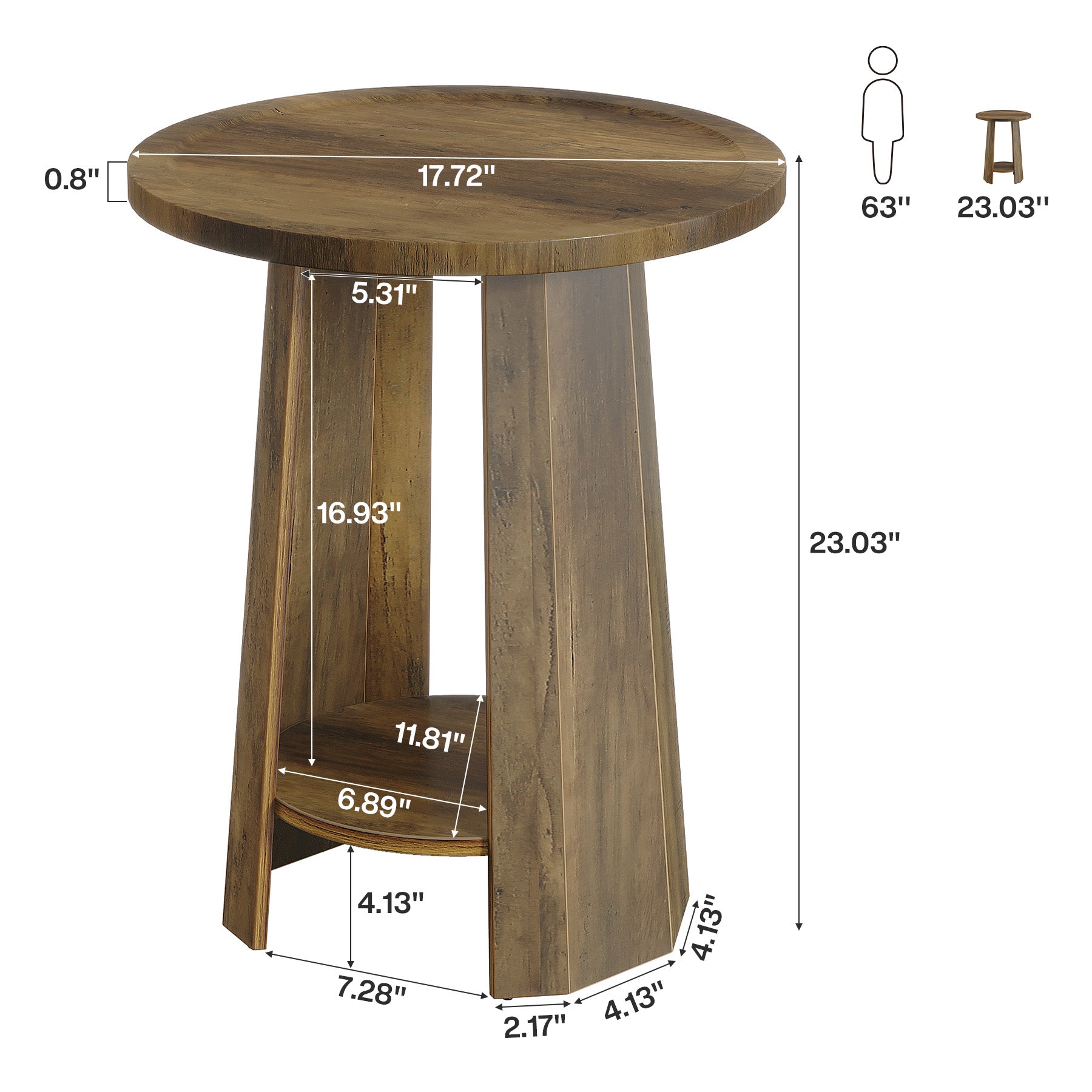 Round End Table, Rustic Sofa Side Table with Storage