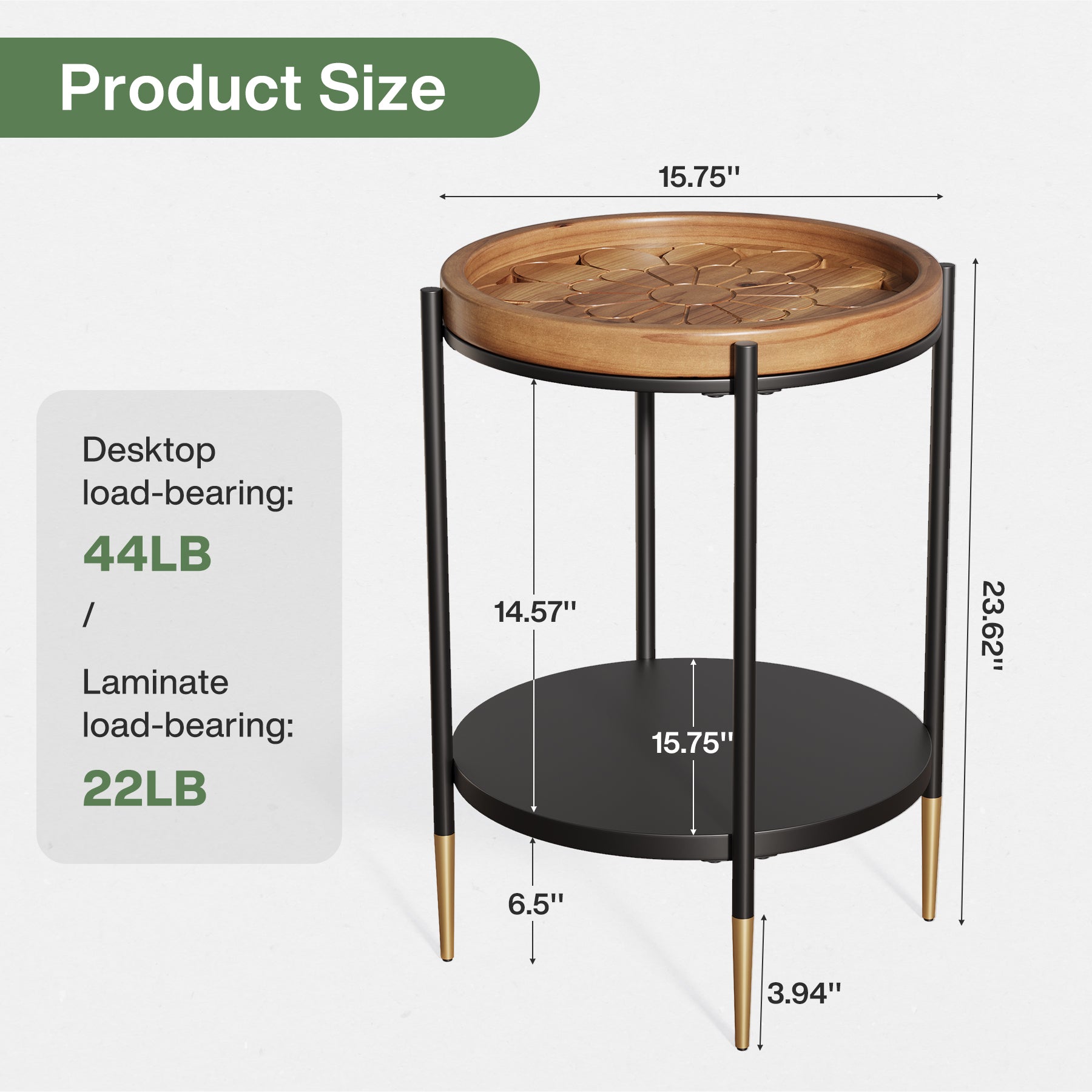 Round Side Table, 2-Tier End Table with Solid Wood Tabletop
