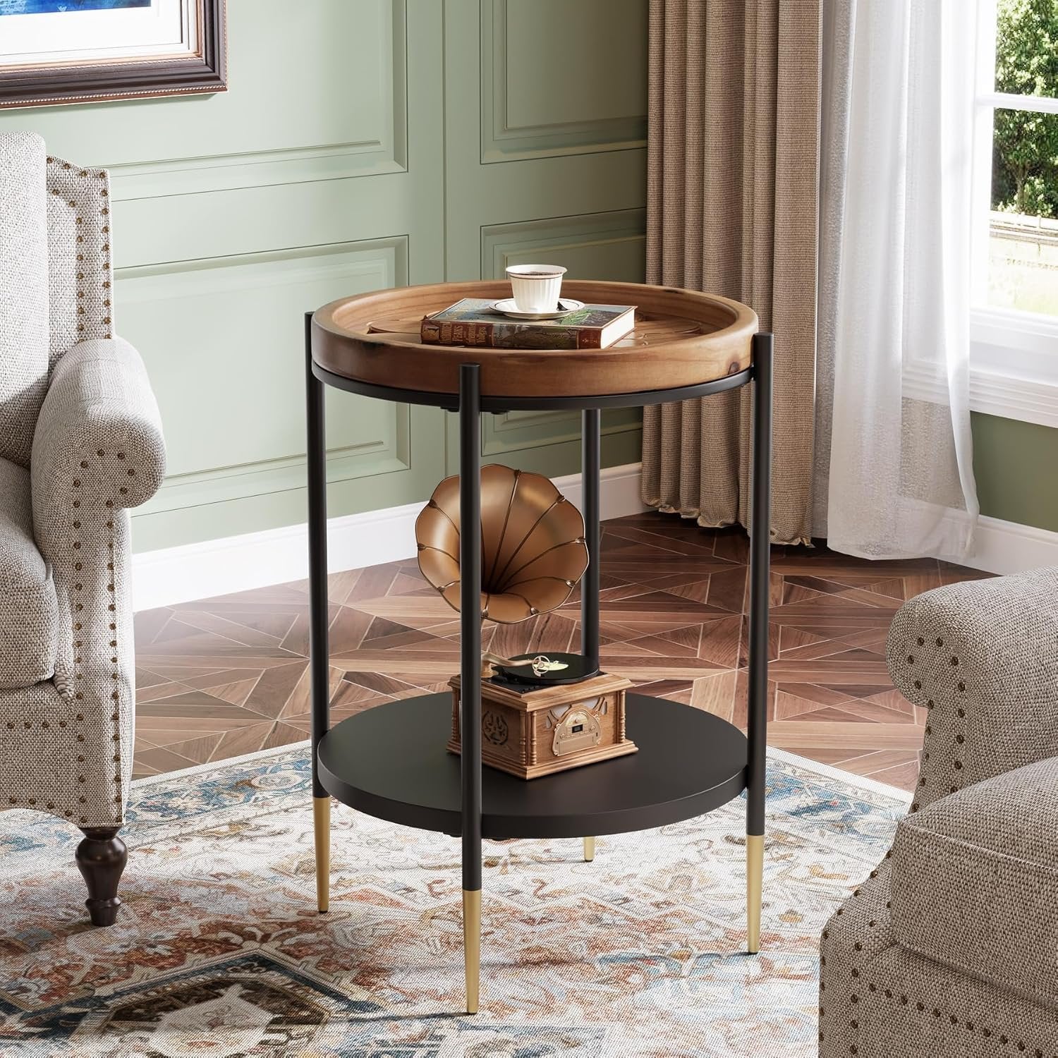 Round Side Table, 2-Tier End Table with Solid Wood Tabletop
