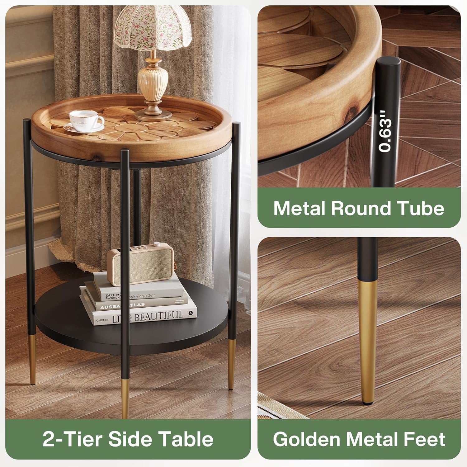 Round Side Table, 2-Tier End Table with Solid Wood Tabletop