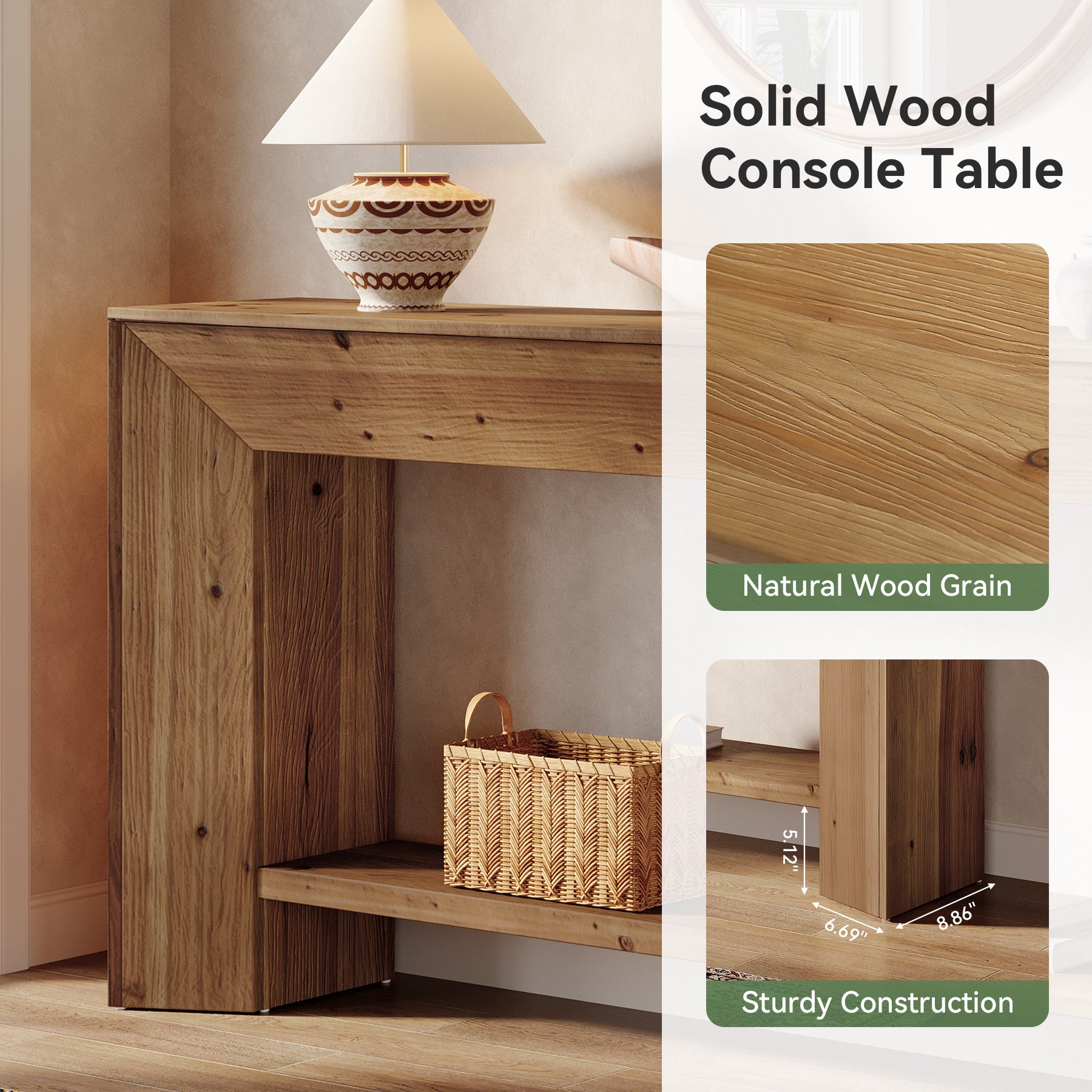 Solid Wood Console Table, 63" Wooden Sofa Table Behind Couch with Storage