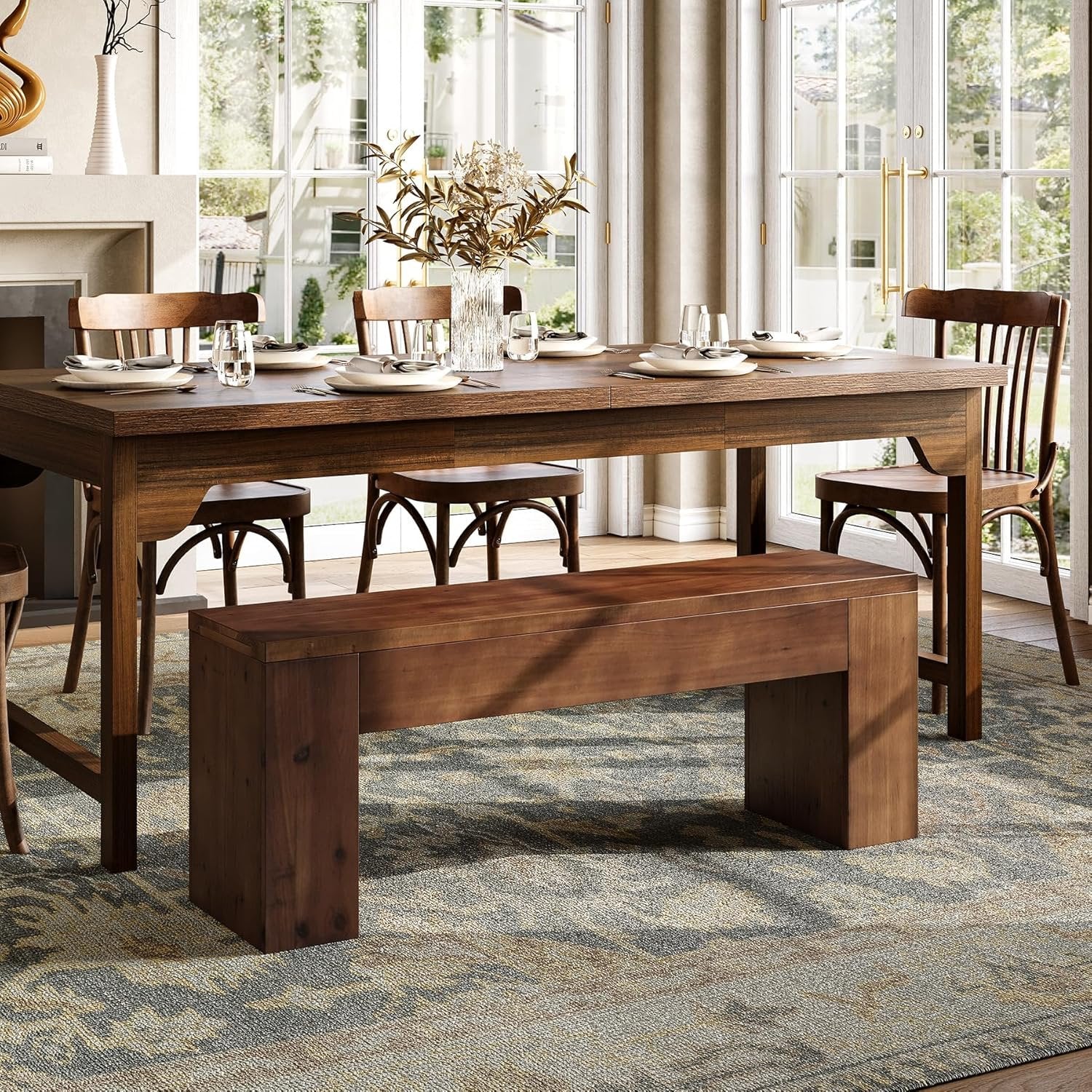 Solid Wood Dining Bench, 47.2" Farmhouse Entryway Bench with Sturdy Legs