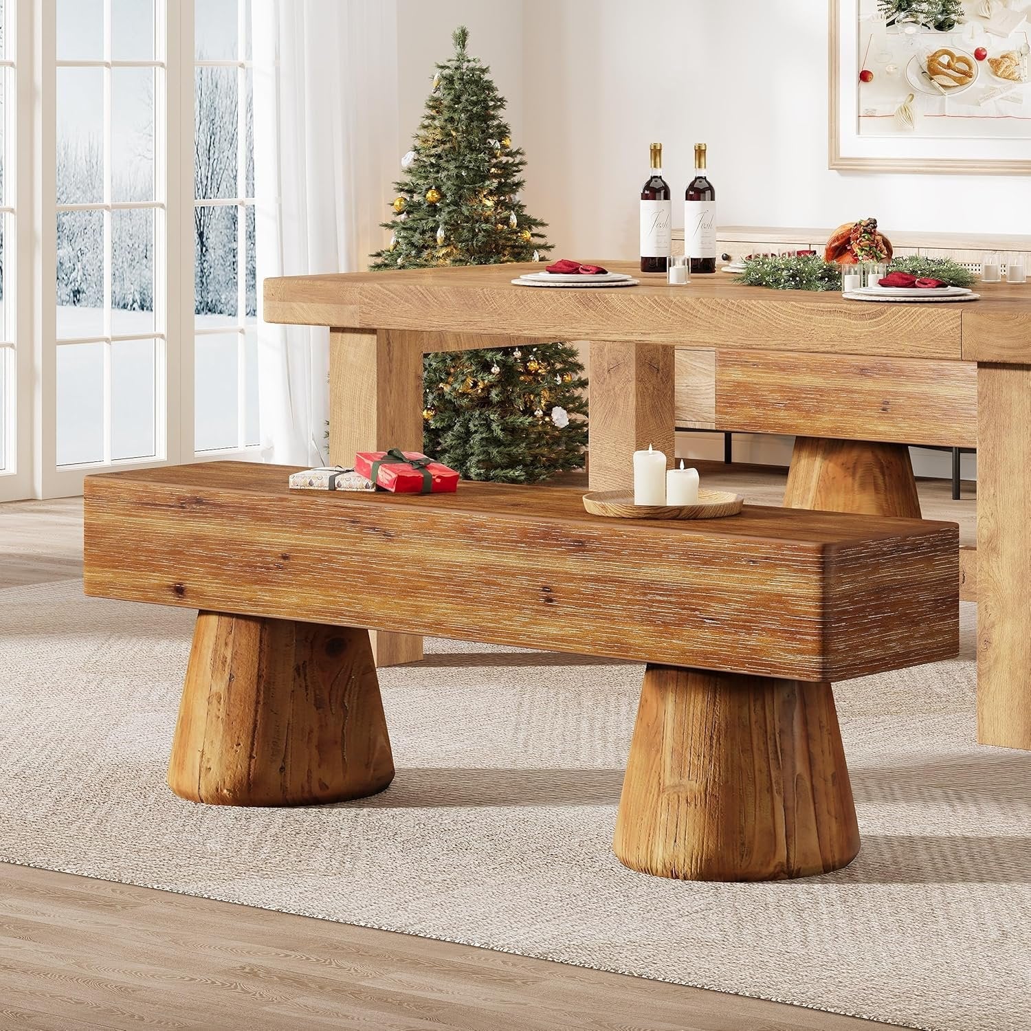 Solid Wood Dining Bench, Farmhouse Kitchen Table Bench Seat with Sturdy Spherical Legs