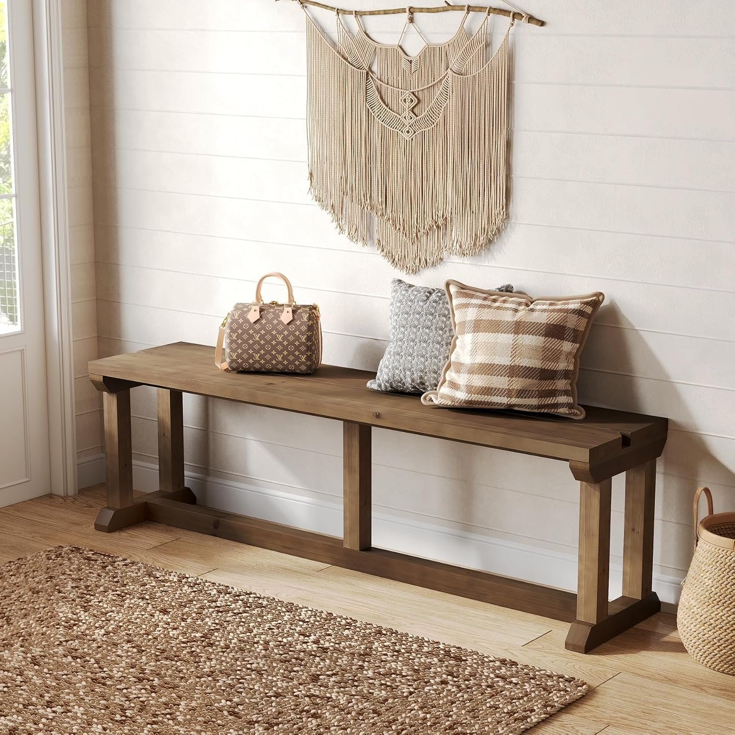 Solid Wood Shoe Bench, 59" Farmhouse Entryway Bench Bed Seat