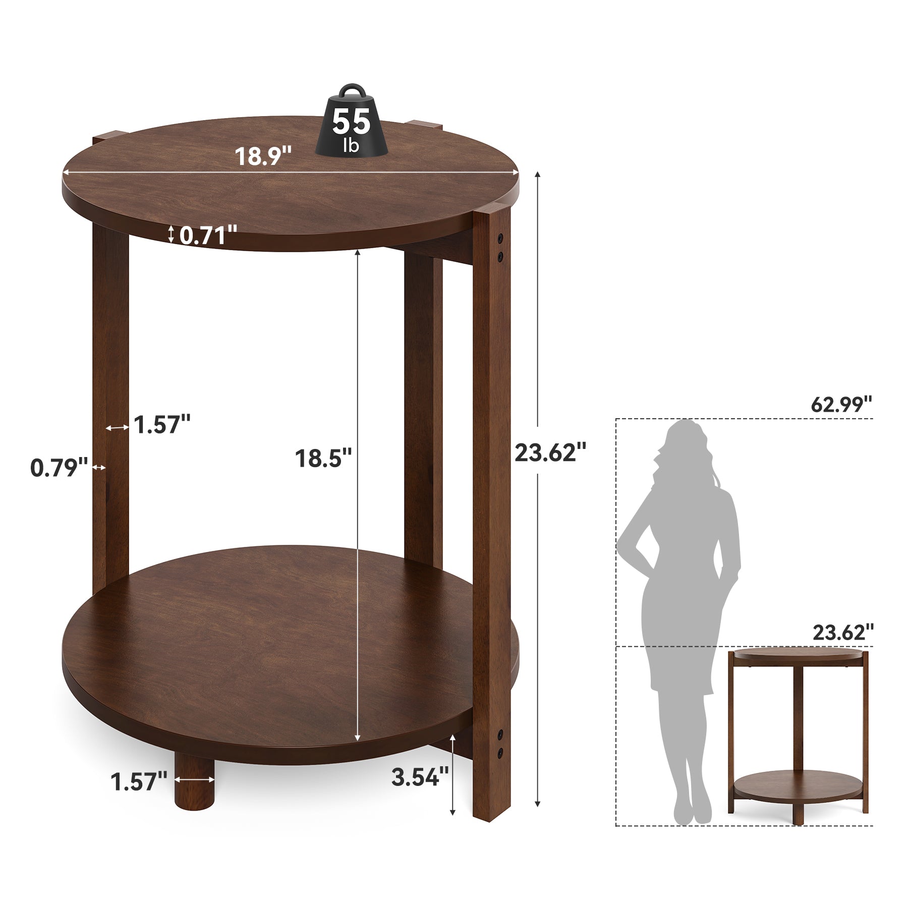 Solid Wood Side Table, 19" Round End Table with 2-Tier Storage