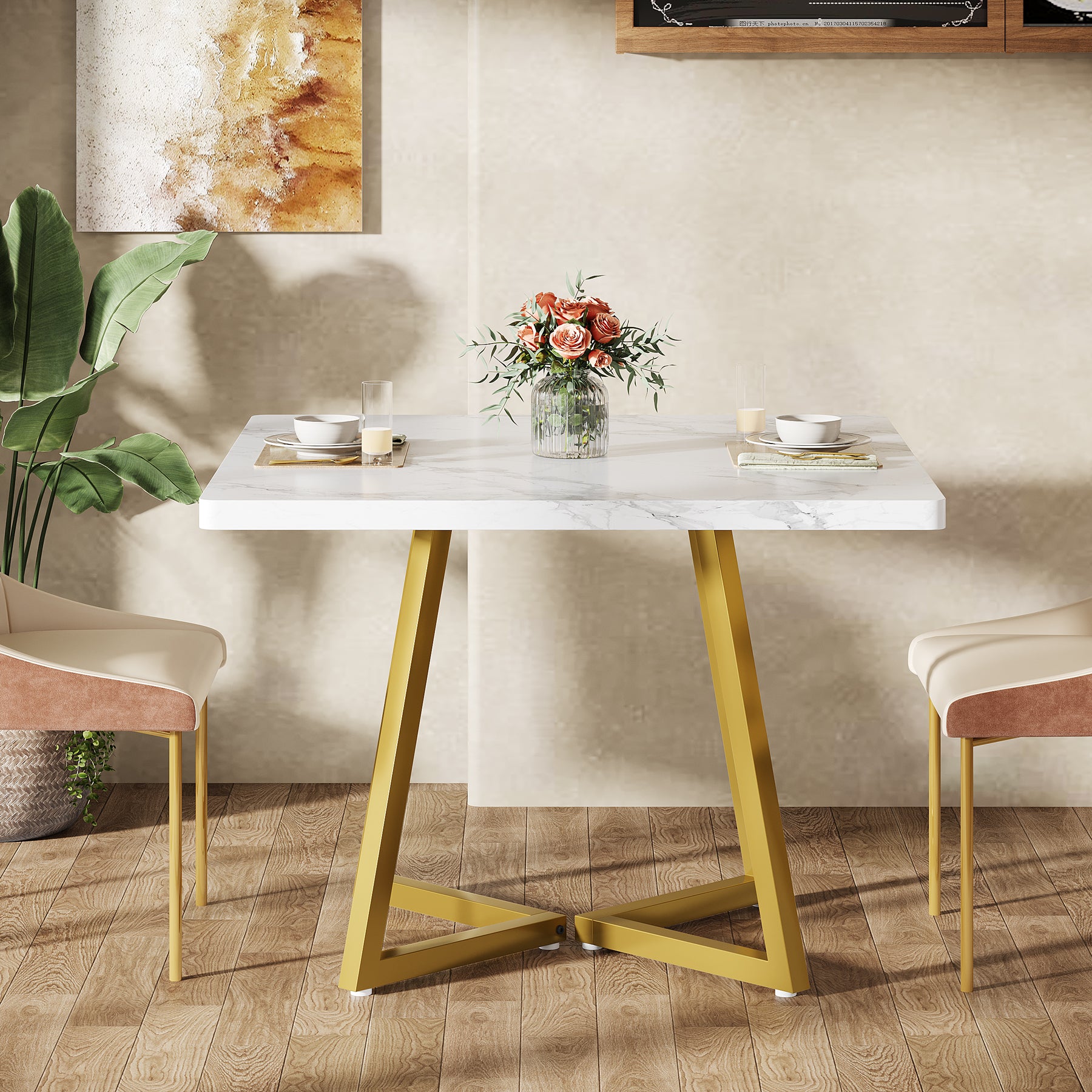 Square Dining Table, 31.5" Small Kitchen Dinner Table with Metal Base for 2-4