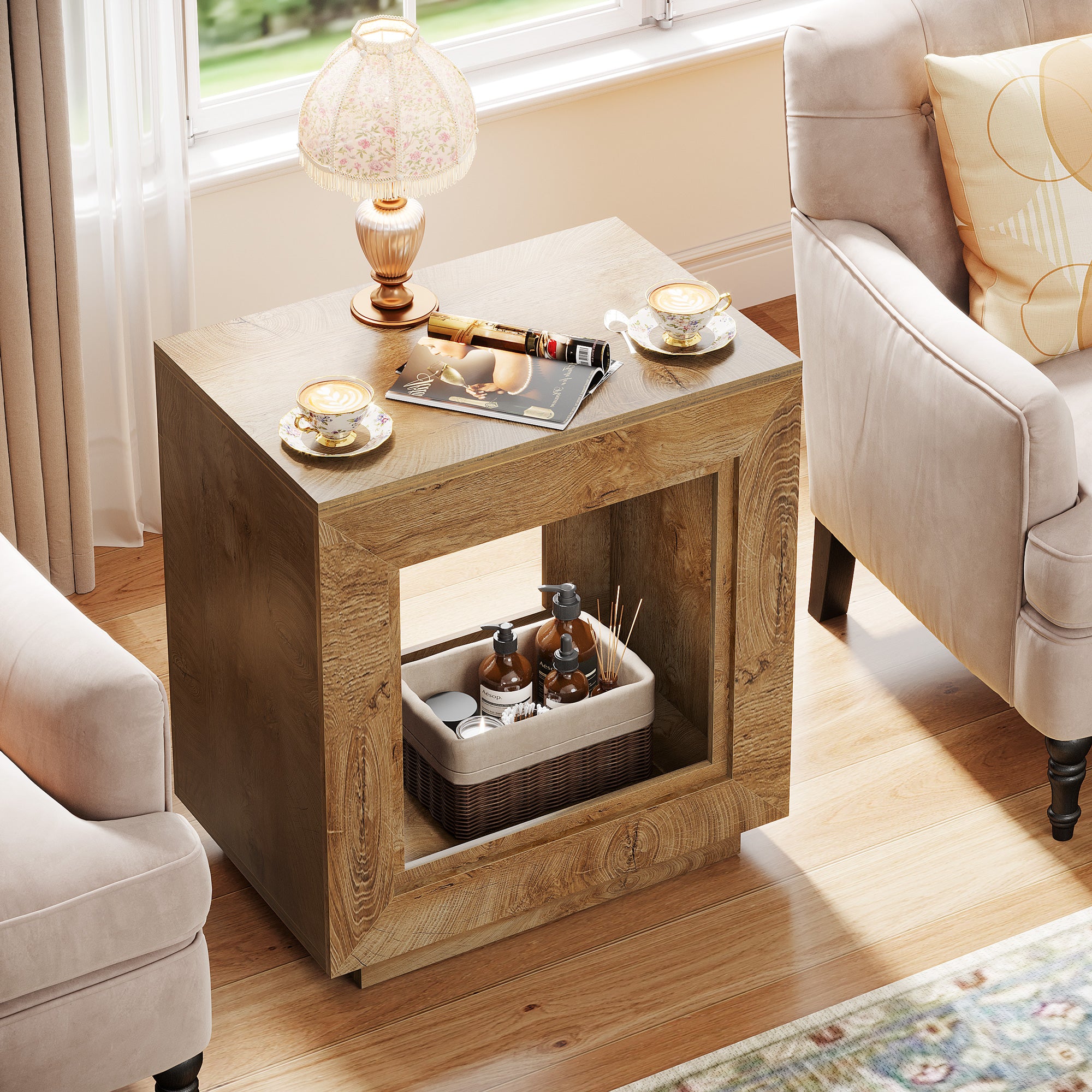 Square End Table, 2-Tier Wooden Sofa Side Table with Storage Shelf