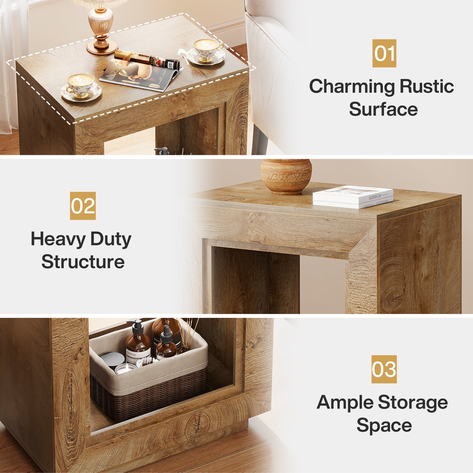 Square End Table, 2-Tier Wooden Sofa Side Table with Storage Shelf