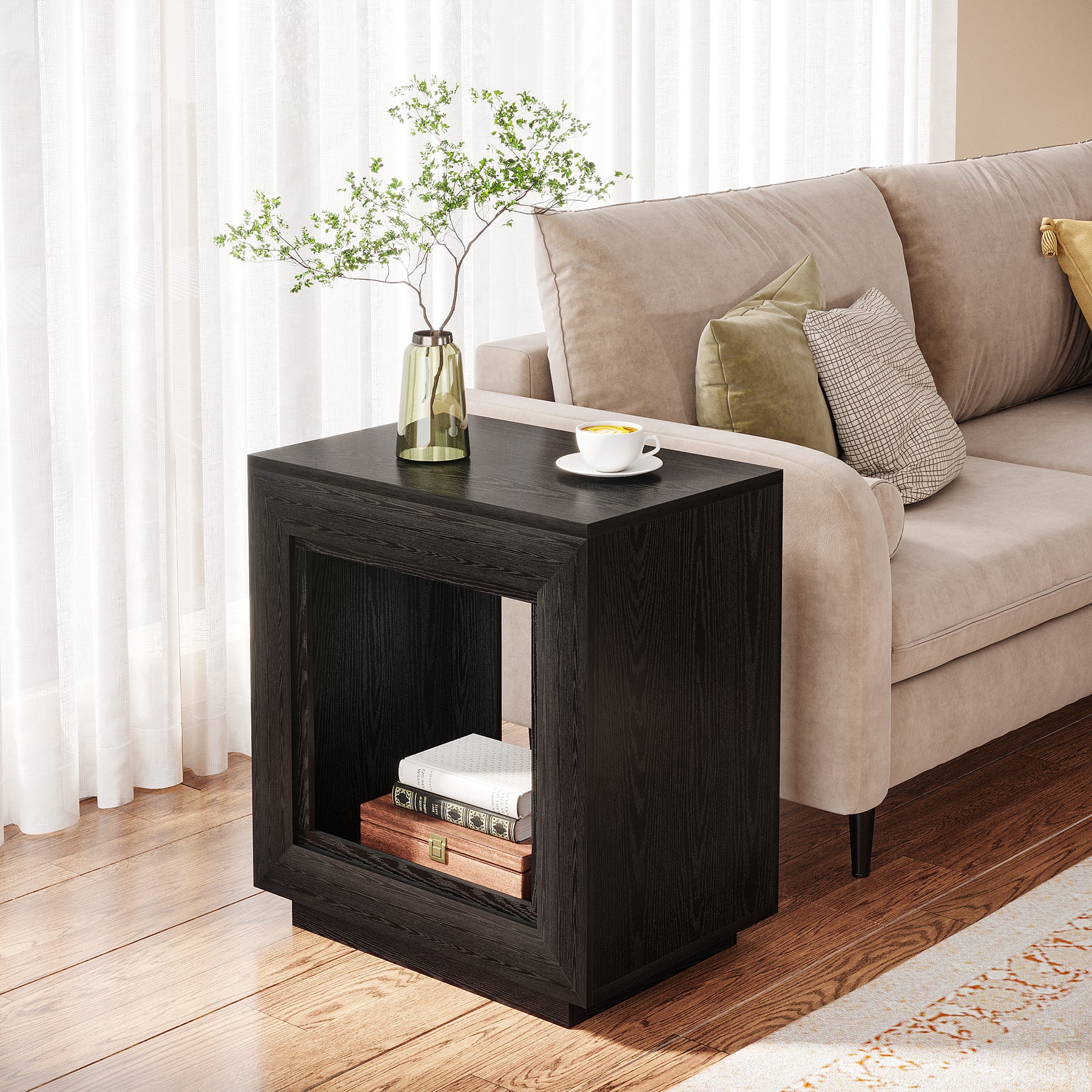 Square End Table, 2-Tier Wooden Sofa Side Table with Storage Shelf